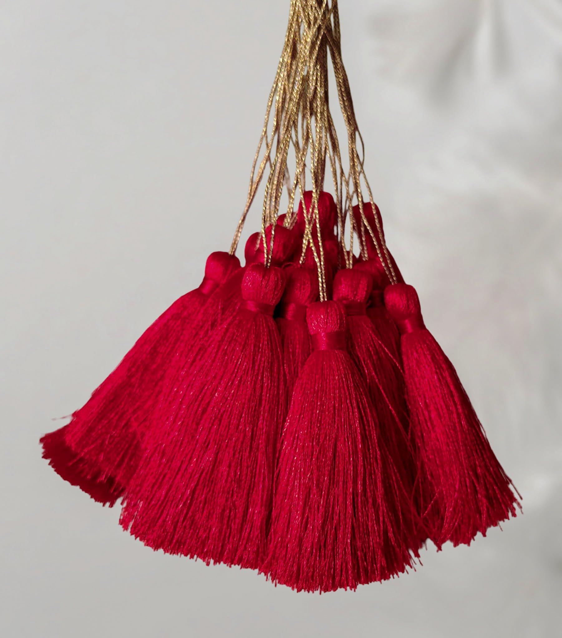 Decorative Tassles red Silk Thread with Gold String Pack of 10 use on Saree Dupatta DIY Fabric Accessories jwellery Brooch Hanging Making Fringe (Red Tomato)