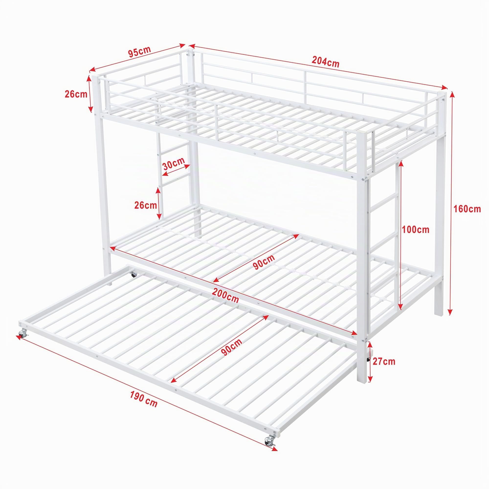 Letto a castello da 90 x 200 cm con struttura in ferro e letto estraibile da 90 x 190 cm - Letto per bambini con alta barriera di protezione, certificato EN747, costruzione robusta - Triplo