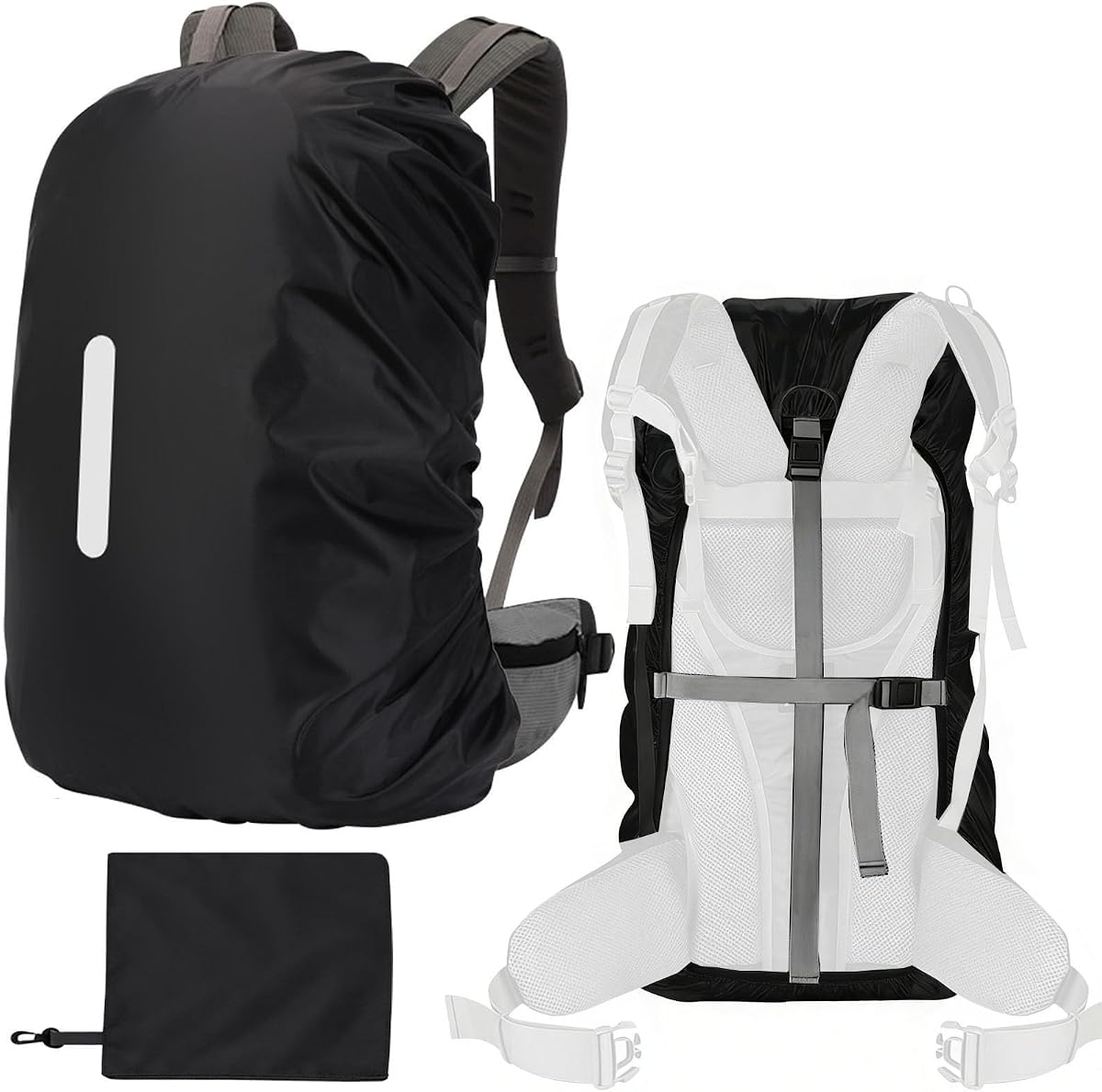 15-110L Waterproof Backpack Rain Cover, Ultralight Rucksack Rain Cover with Reflective Strip & Anti-Slip Cross Buckle Straps & Storage Pouch for Hiking Camping Outdoor Traveling (Black)