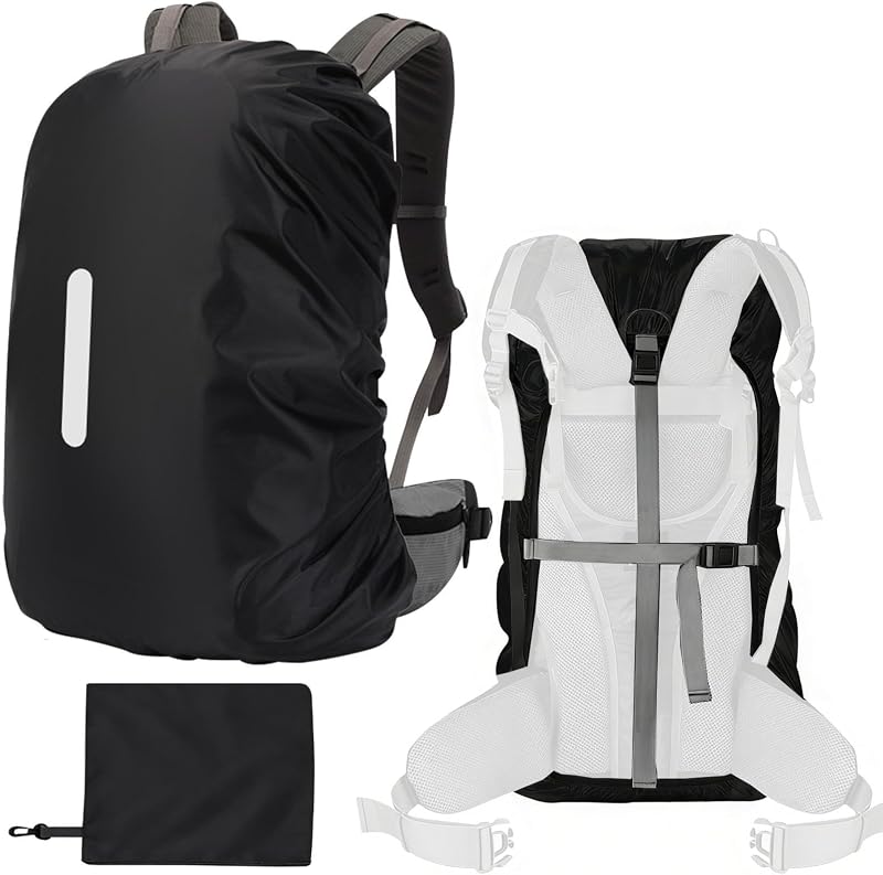 15-110L Waterproof Backpack Rain Cover, Ultralight Rucksack Rain Cover with Reflective Strip & Anti-Slip Cross Buckle Straps & Storage Pouch for Hiking Camping Outdoor Traveling (Black)