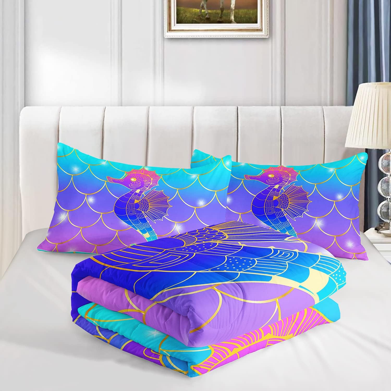 HOSIMA Mermaid Fish Scales Bedding Sets,Seahorse Printed Ocean Animal Rainbow Bedding Glitter Star Themed Comforter Set Queen Size for Girls Kids Room Decor,Bed Set for Girls with 2 Pillowcases.