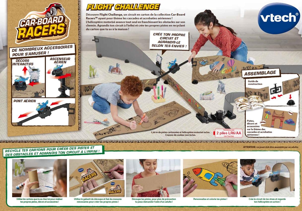 VTech - Car-Board Racers, tor samochodowy Flight Challenge, tory wyścigowe z tektury z recyklingu * Możliwość nieograniczonego rozbudowy za pomocą śmigłowca z napędem, prezent dla dzieci od 5 lat -