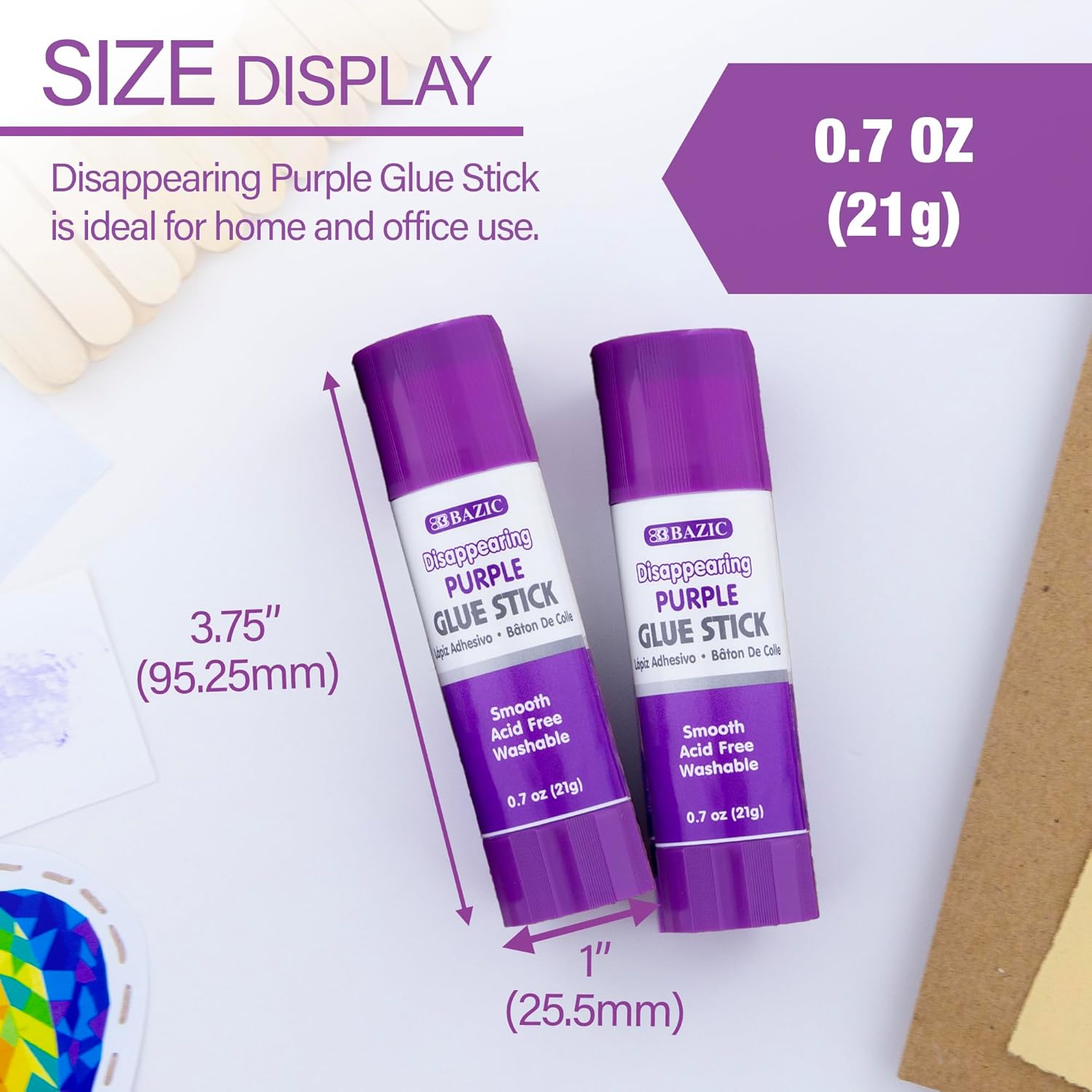 BAZIC Products Washable Disappearing Purple Glue Stick 21g/0.7 Oz., Color Acid Free Glue Sticks for Photos Paper Kids at School Office (2/Pack), 24-Pack