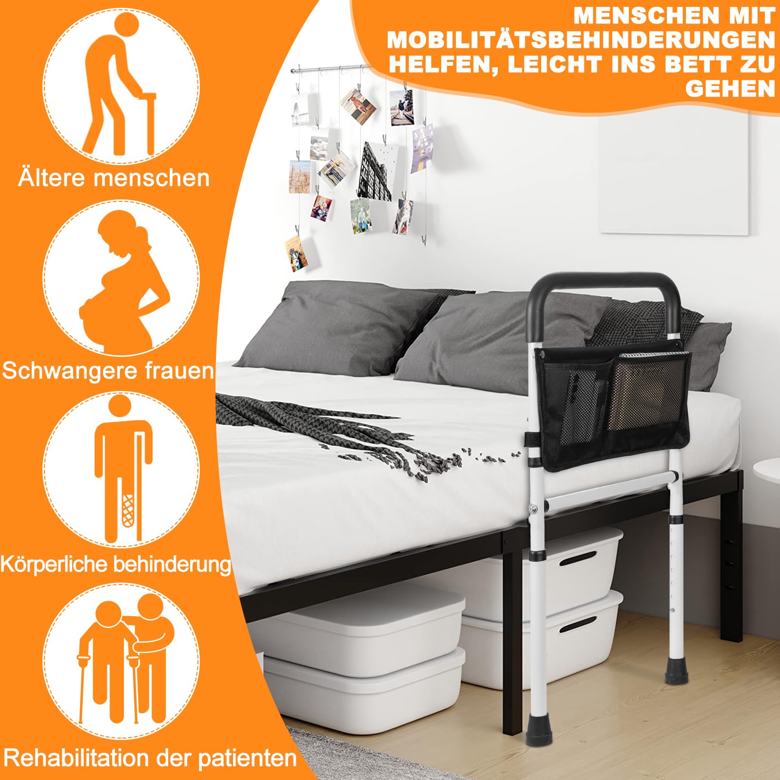 OUUTMEE Supporto per letto per anziani, con custodia, altezza del manico regolabile in 5 livelli, con design delle gambe, aiuta gli anziani ad alzarsi e a dormire, bianco