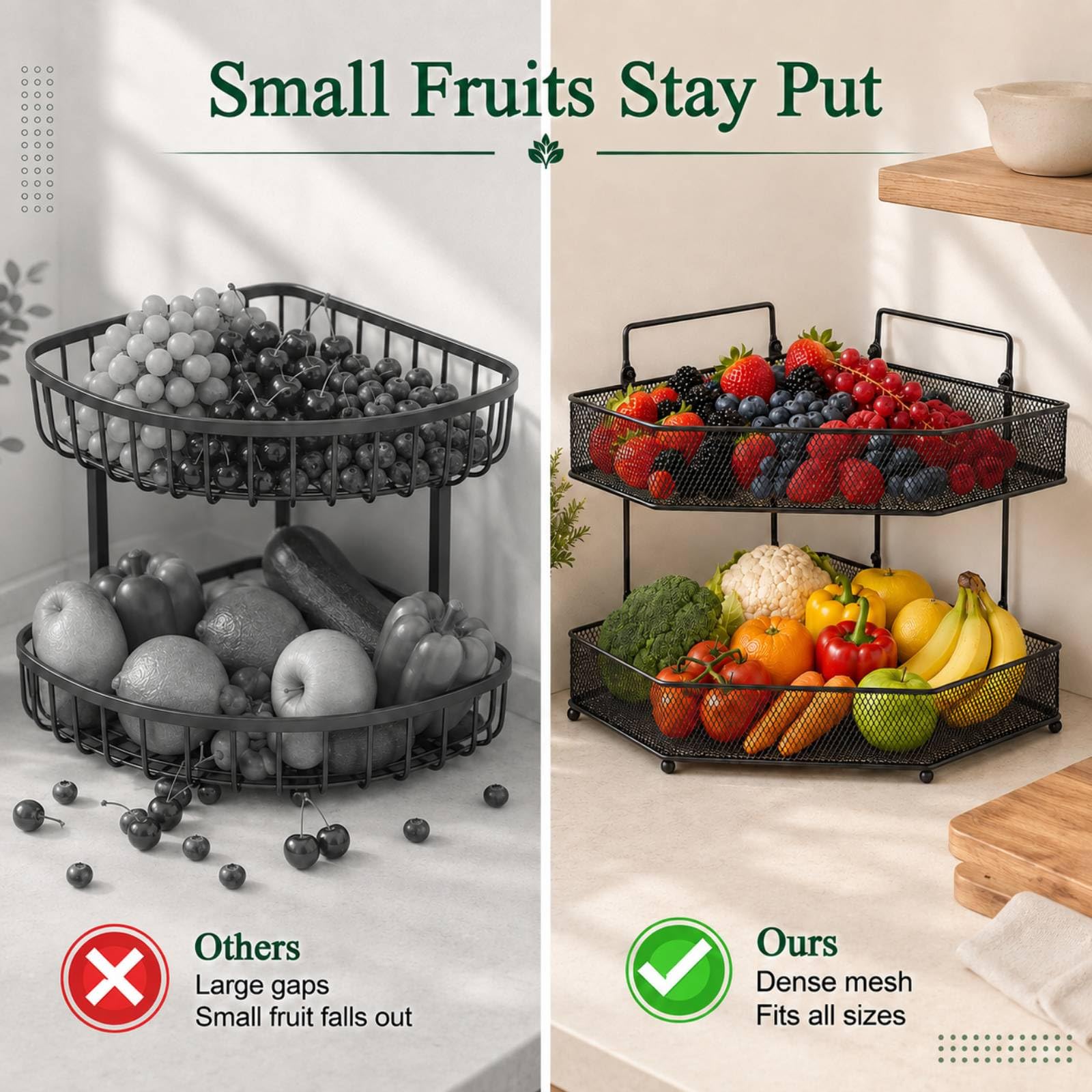 Tudomro Cesto per frutta angolare a 2 ripiani in rete metallica, con manici per il trasporto, grande capacità, cestelli a rete fine, per controsoffitto nero, organizer per la conservazione di frutta e