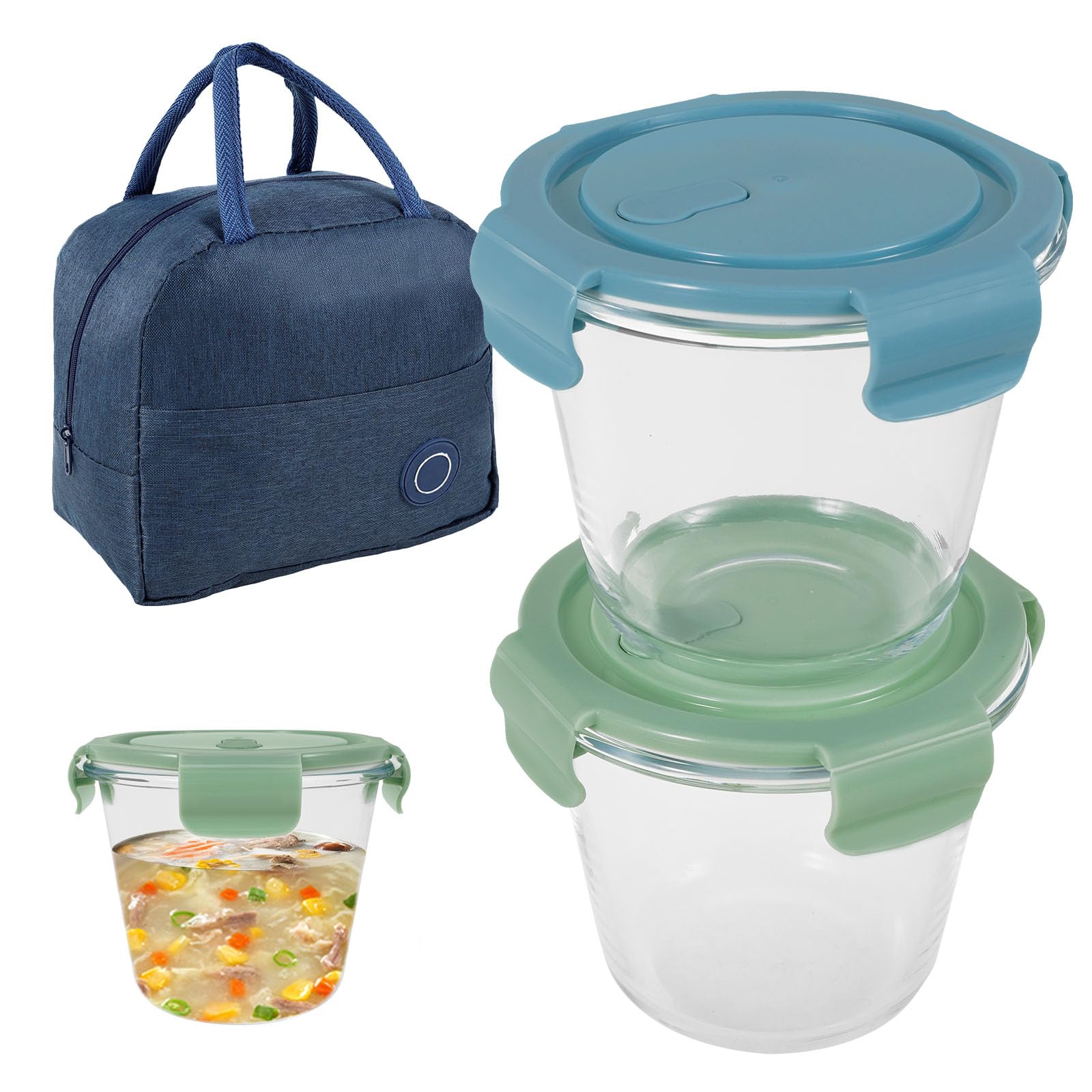 MENIBBLER 2Pack 800ml Glass Soup with Lid Heat Resistant Glass Food Containers with Insulation Bag Airtight Soup Bowls Jar Leak Proof Glasses Meal Prep Containers for Microwave Oven