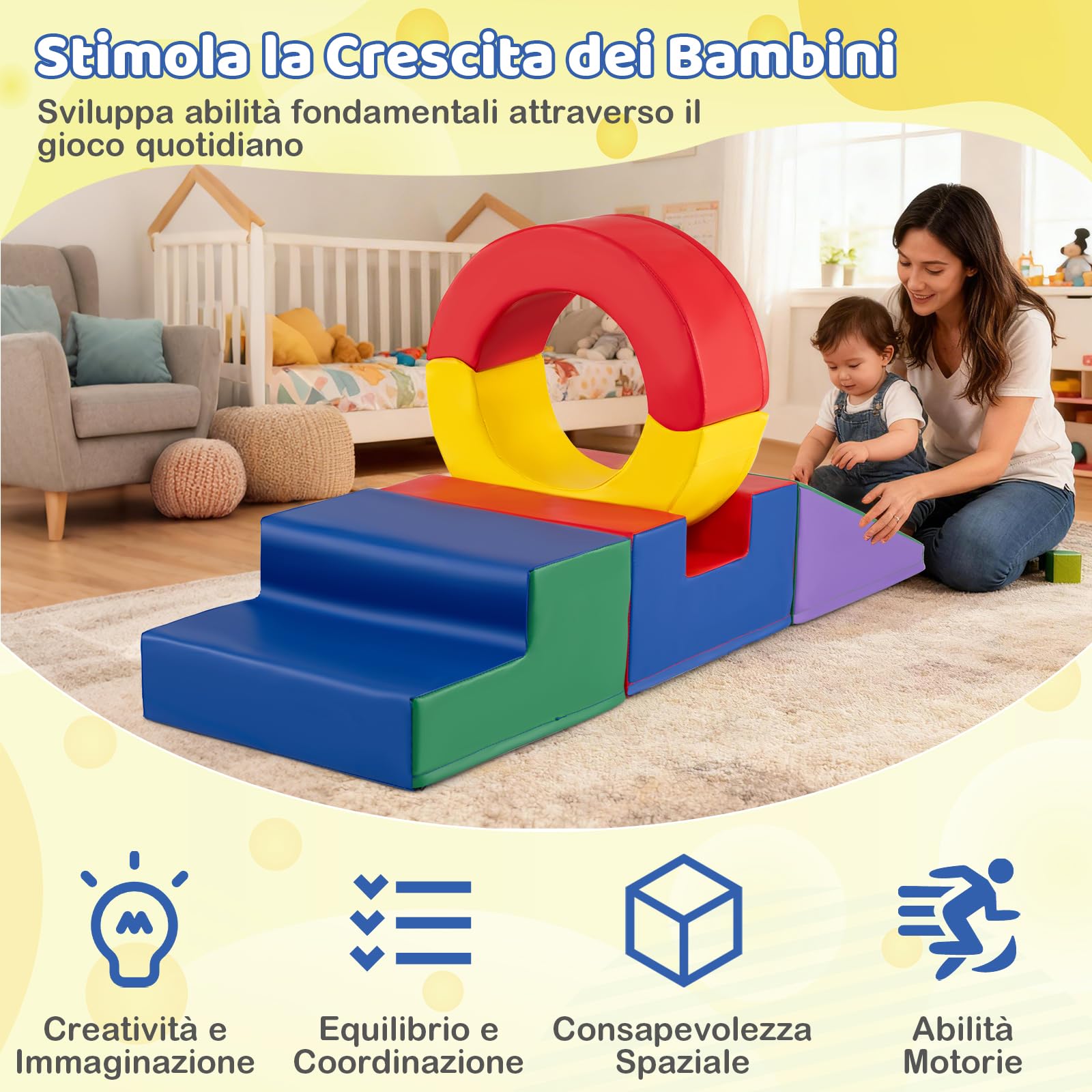 COSTWAY Set di 5 Blocchi in Schiuma EPE per Bambini, Set Gioco da Arrampicata con Rivestimento Rimovibile in Finta Pelle Impermeabile, Blocchi di Costruzione Morbidi per Bambini 12+ Mesi