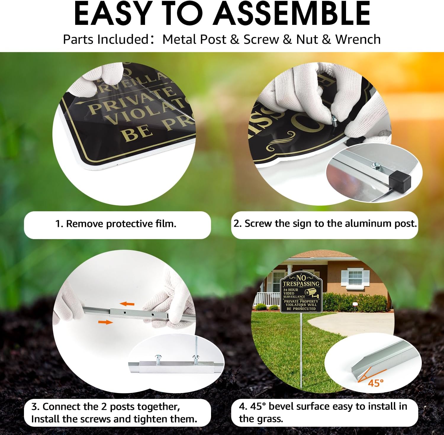 Faittoo No Trespassing Signs Private Property Video Surveillance Sign with 42" Stake, 4-Pack 12"x12" Rust Free Aluminum, Reflective, 2 Pre-drilled Holes, Includes Matching Screws & Wre