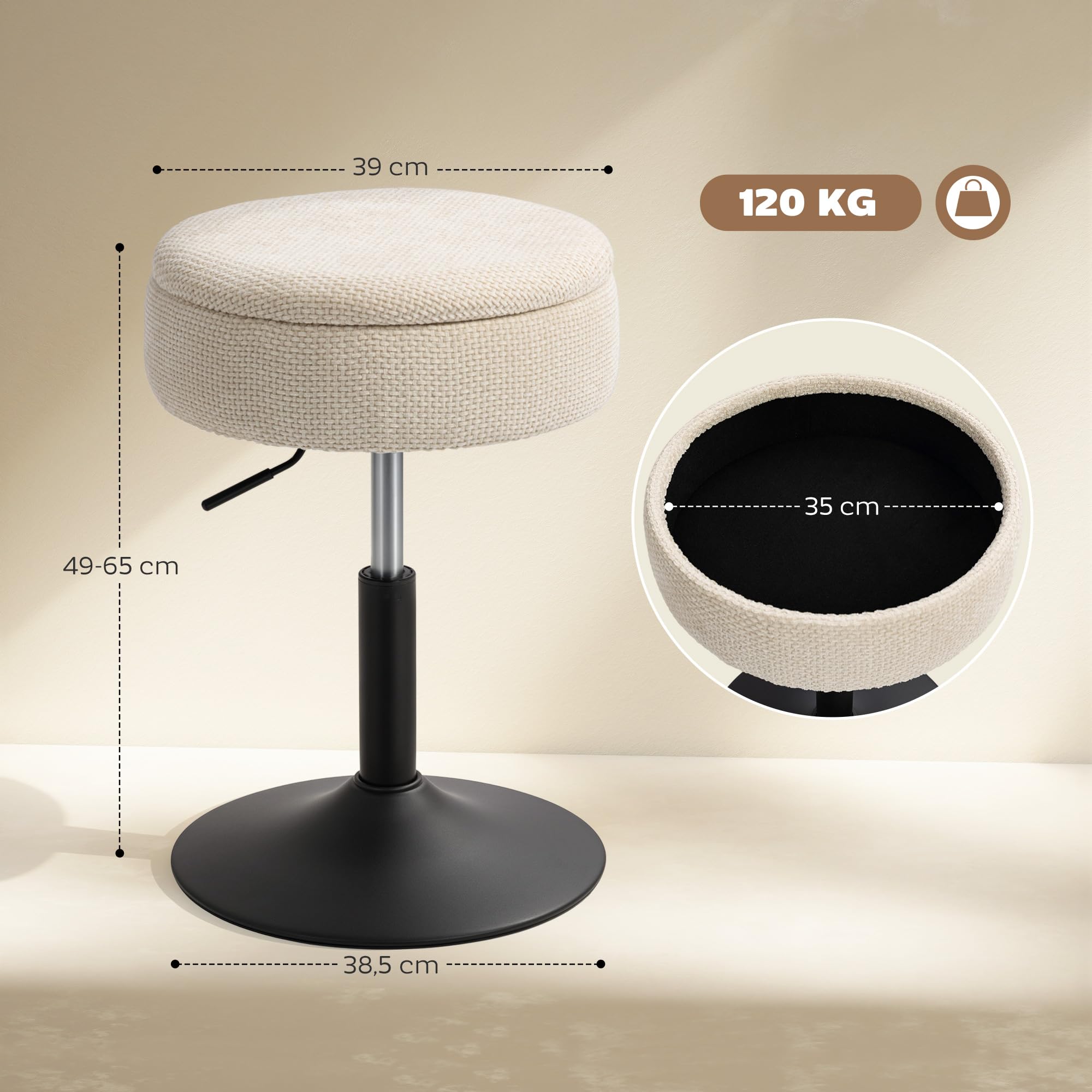 HOMCOM Taburete de Bar con Almacenaje, Altura Ajustable, Taburete de Cocina Redondo, Giratorio, Tapizado en Chenilla, Base de Acero, Diseño Botones, Acolchado, para Salón, Comedor, Oficina, Beige
