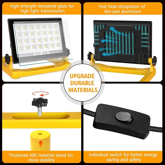 T-SUN 5400Lumen LED Work Light with Stand, 60W Floodlight [Energy Class A]