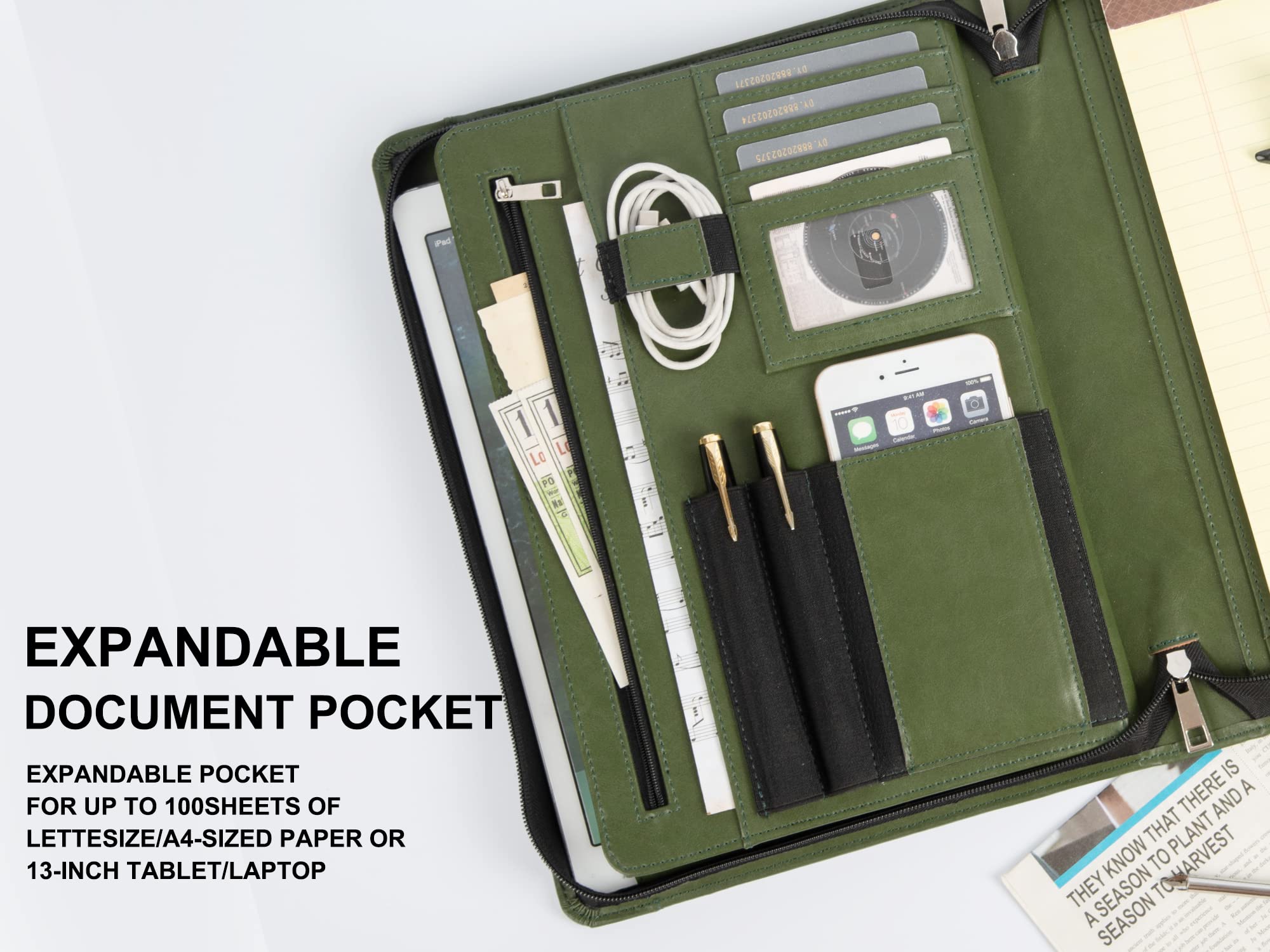 Calfinder Porte-documents en cuir végétalien personnalisé A4 avec gravure de nom gratuit, rose pour femme, moderne, vert