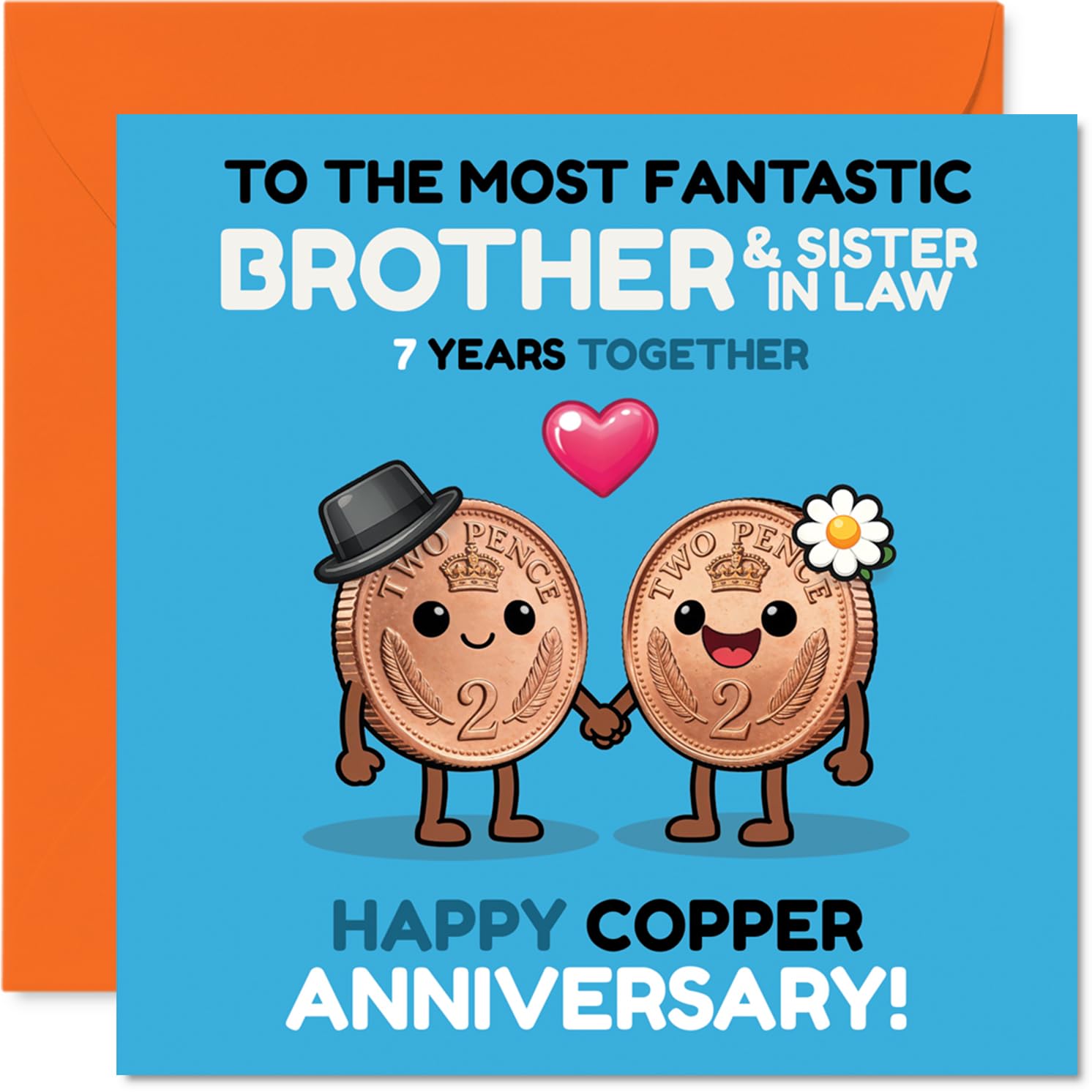 Playful 7th Anniversary Card for Brother & Sister in Law - Celebrate Seven Years with a Smile - Cute Copper Coin Couple Design - 145mm Square, Envelope Included