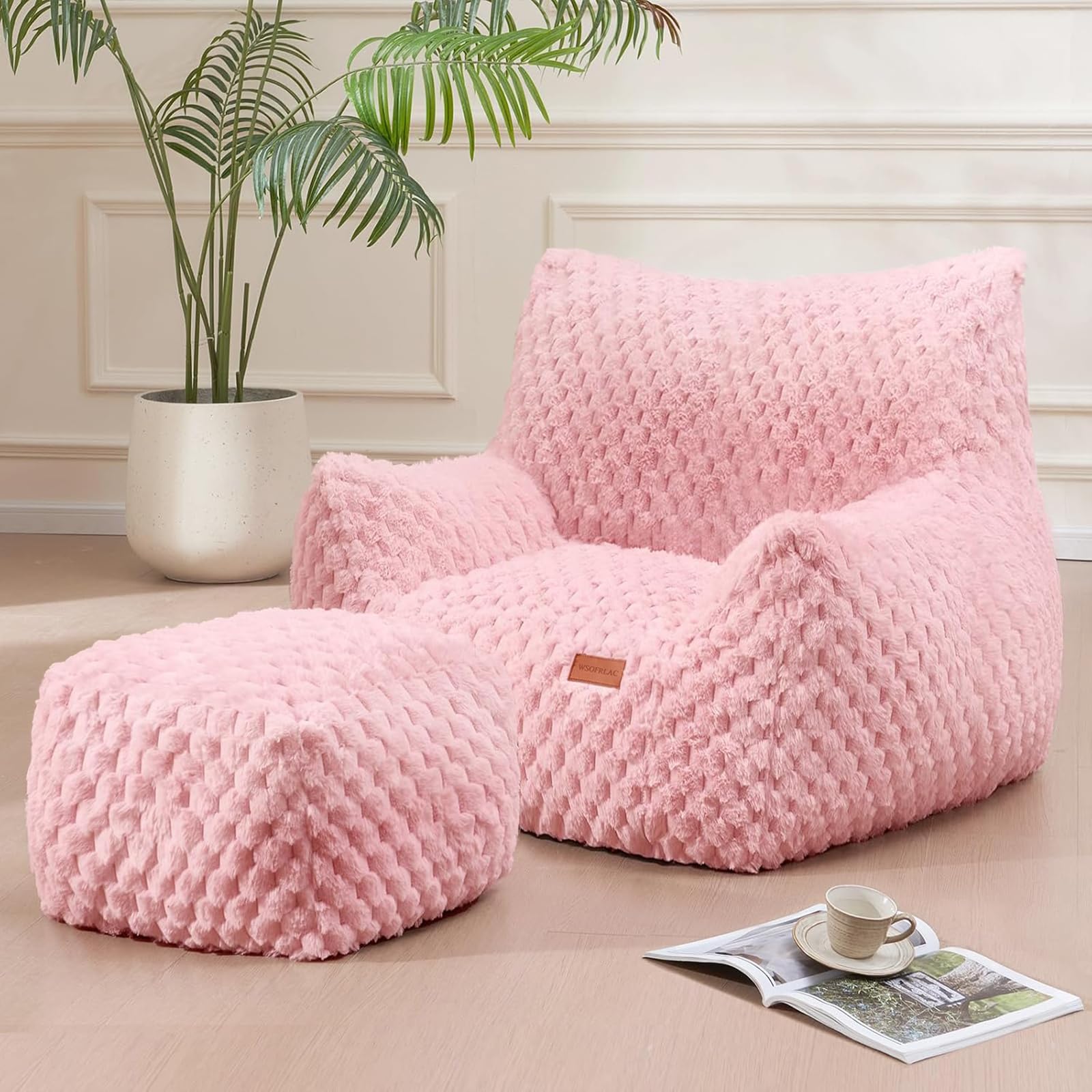 Bedroom Bean Bags Chair with Foot Stool, Comfy Reading Chair with Filler, Soft Faux Fur Pink Bean Bag Chair Lazy Beanbag Chairs for Adults, Gaming