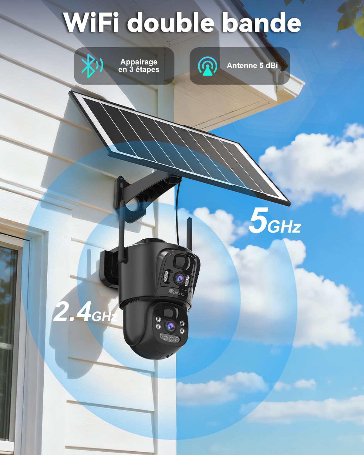 Ctronics Double Objectif Camera Surveillance WiFi Exterieure sans Fil, 2.4/5GHz WiFi Caméra, 8W Panneau Solaire & 10400mAh Batterie, Double PIR, Vision Nocturne Couleur, 128GB TF/Cloud/PC, IP66 - 5