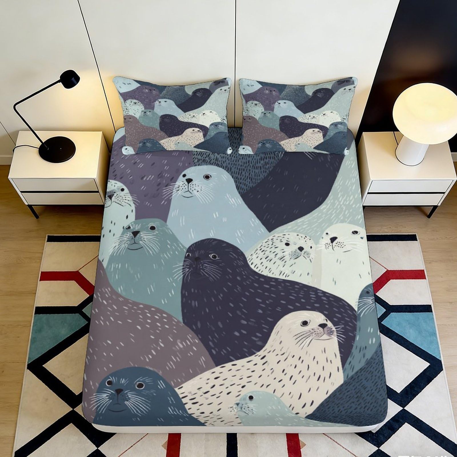Rqzkjxnhpf Style-1 3D Printed Seal Pattern Fitted Sheet Microfiber Deep Pocket Non-Slip Ocean Theme Mattress Fitted Cover Bedding 200X200x25cm 90X200x25cm