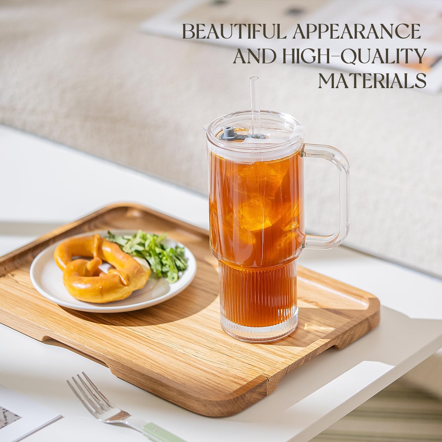 KEMORELA 26oz Ribbed Glass Mug with Handle and Lid – Large Clear Tumbler for Iced Coffee, Tea, Smoothies & Hot Drinks, Reusable Glass Cup with Straw, Dishwasher Safe, Travel Friendly - Image 5