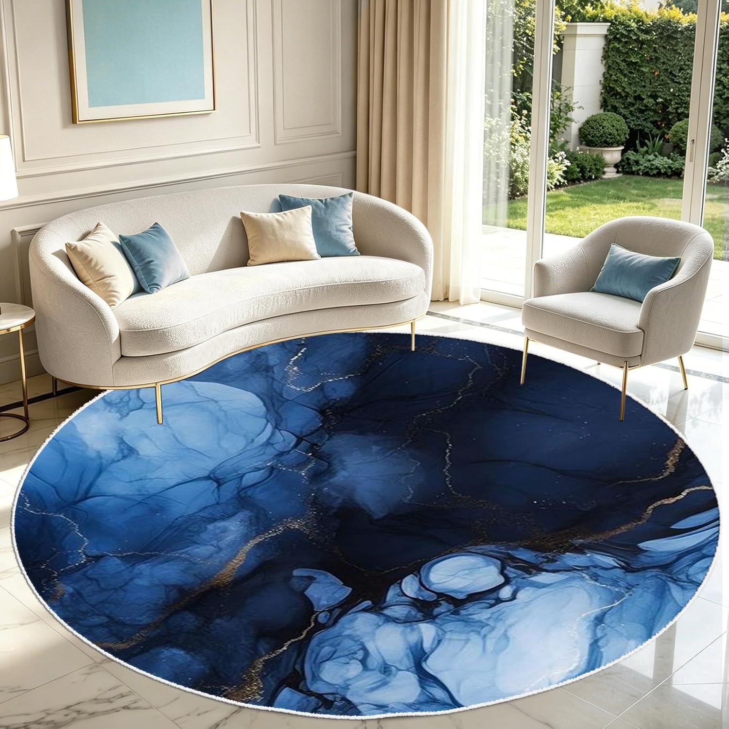 PDENZG Blue and Gold Round Marble Area Rug,200cm,Modern Luxury Fluid Agate Geode Art Area Rug, Washable Blue Smoky Finish Abstract Rugs, for Living Room Dining Room Marble Circle Carpet