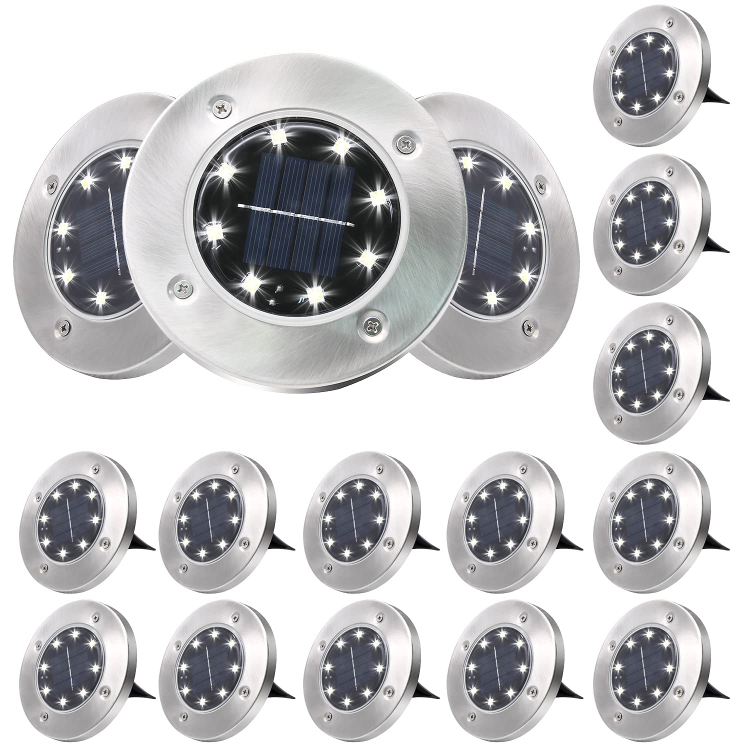 16 Pack Solar Ground Lights, 8 LED Solar Garden Lights, Waterproof Outdoor in-Upgraded Garden Bright in-Ground Lights, Landscape Lights for Lawn Pathway Yard Driveway(Cold White)