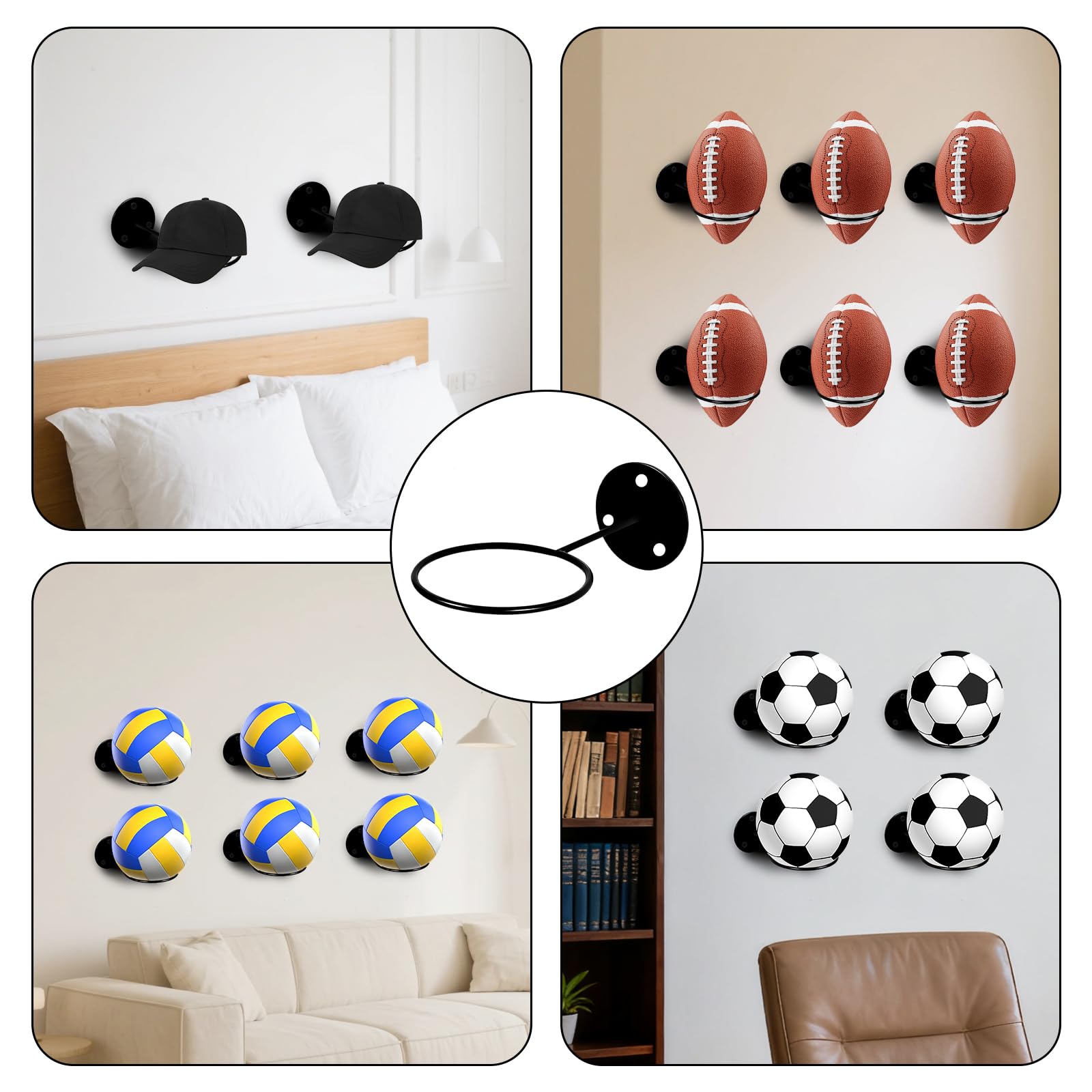 4 Pièces Supports Mural pour Ballons, Porte Ballon Basket, Trois Vis pour Renforcerpour, Rangement pour Basket Ball, Football, Volley Ball, Noir