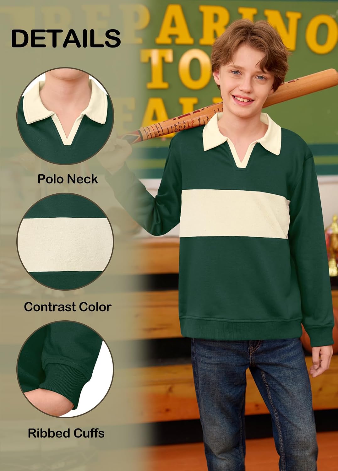 Boys V-Neck Rugby Sweatshirts Color Block Polo Shirts for School