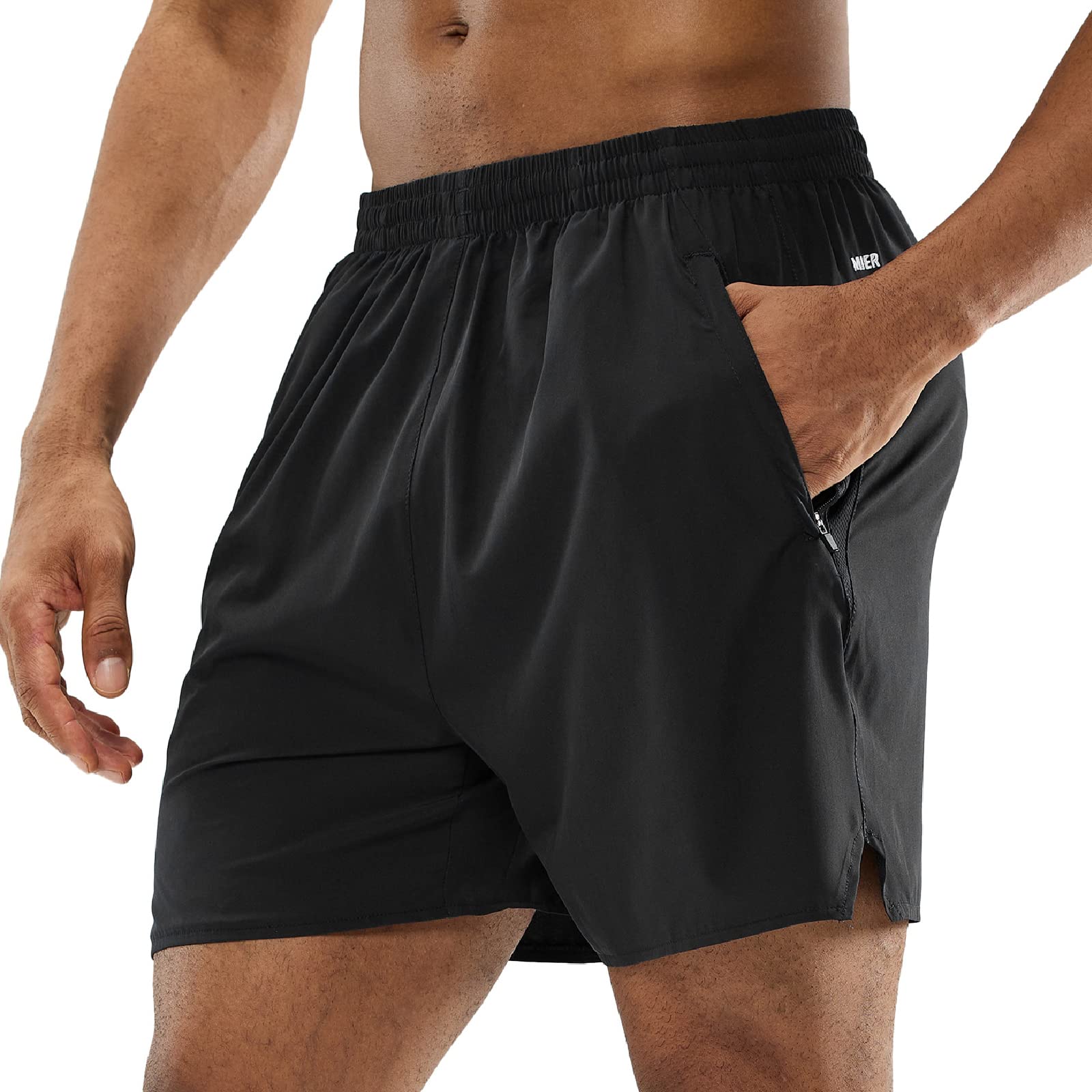 MIER Men's Athletic Shorts 5 Inch Lightweight Runing Shorts with Zipper Pockets, Elastic Waist, Black, M