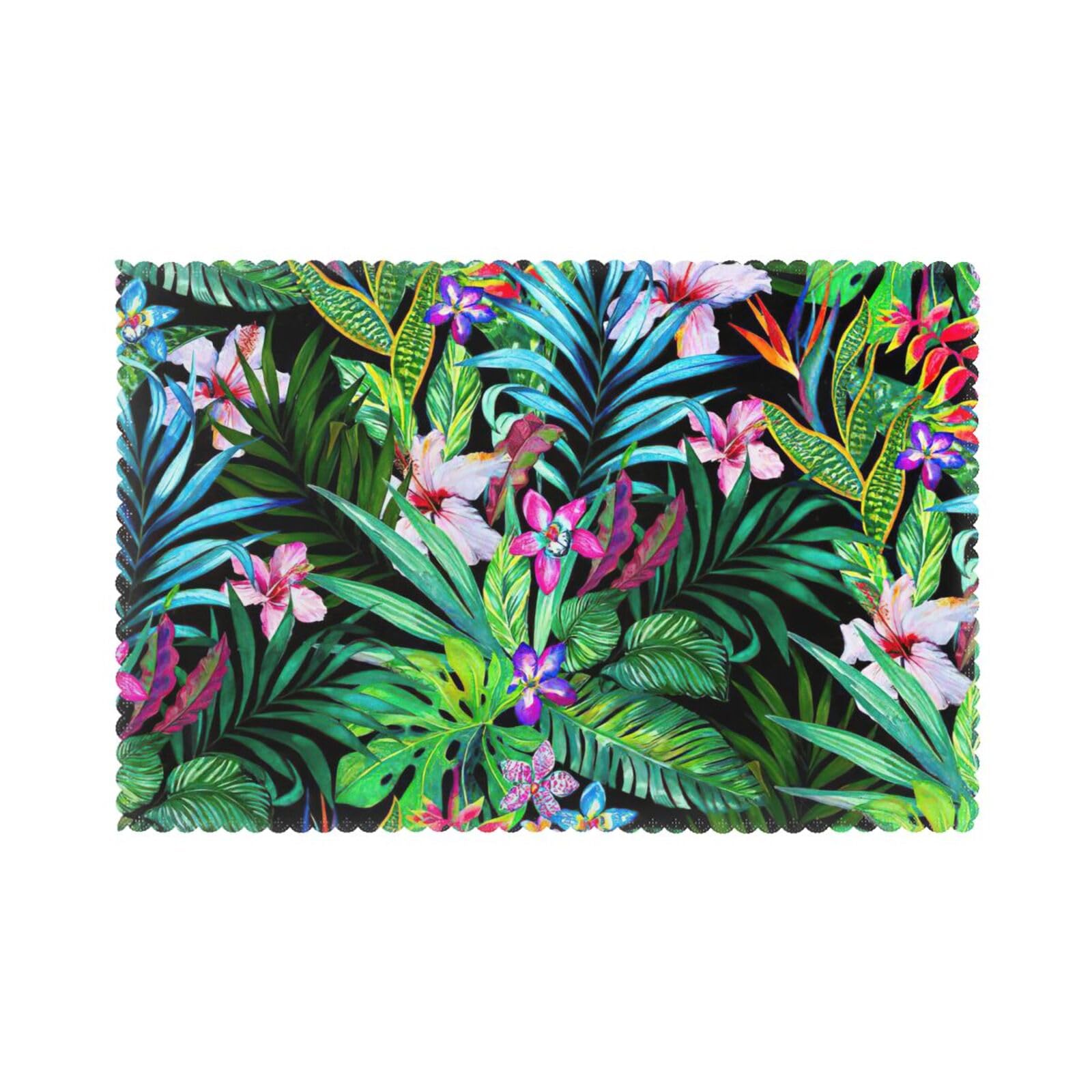 Colorful Tropical Leaf Print Placemats Set Of 6, 12x18 Inch Polyester Washable Heat Resistant Kitchen Dining Table Mats