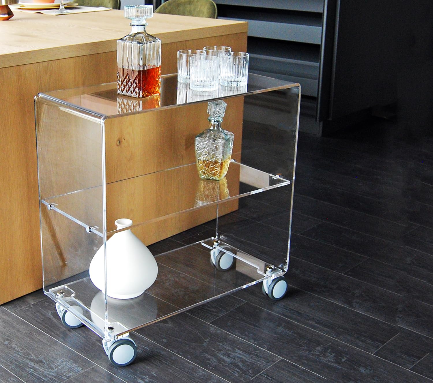 Slato Cleo Maxi - Mobiletto o Carrello con Ruote in Cristallo Acrilico, 70 x 33 x 71 cm, Trasparente da Soggiorno a Tre Ripiani, Leggero, Elegante, Porta Oggetti, Design Moderno Made in Italy
