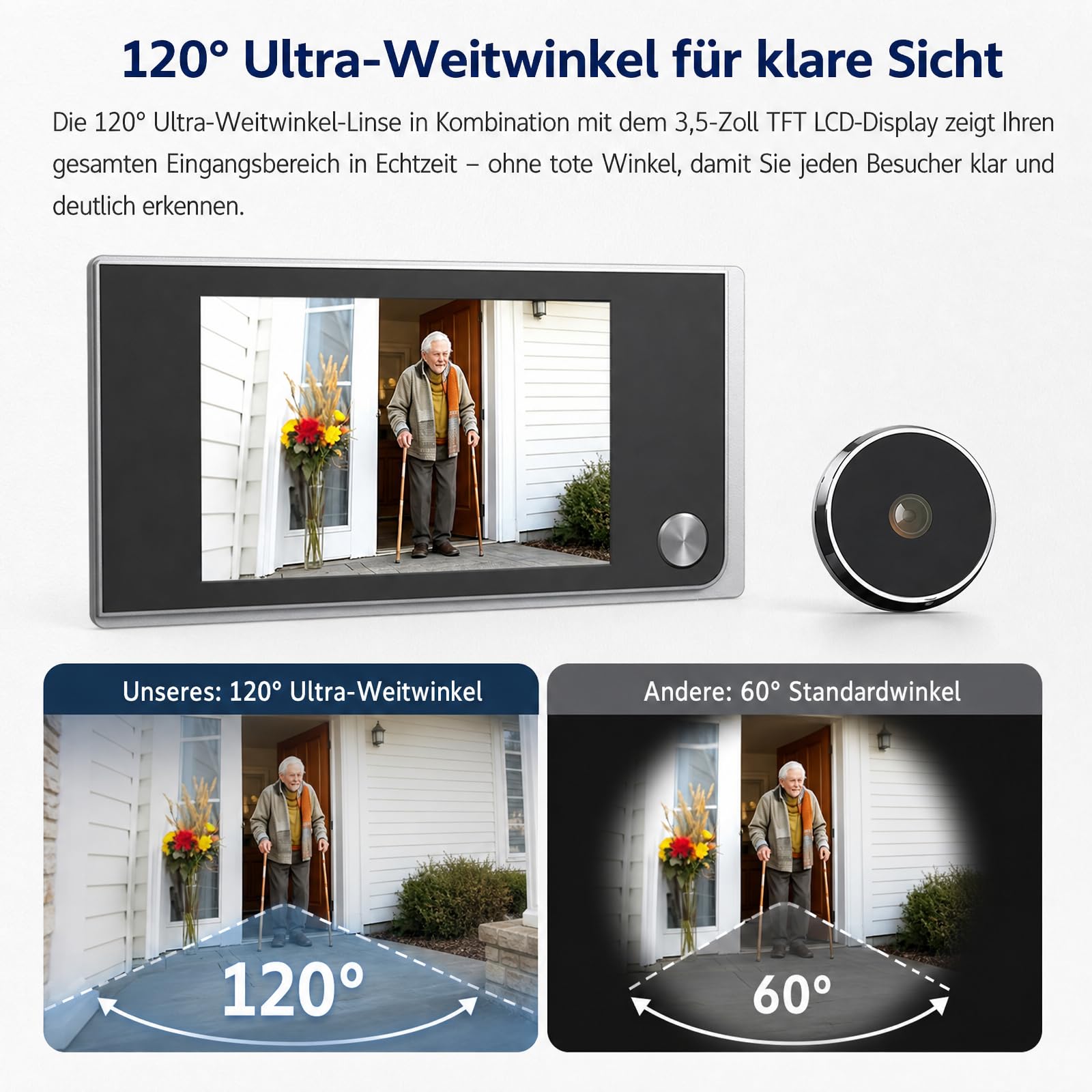 Türspionkamera mit Türklingel 3.5" LCD 120° Weitwinkel HD Haustür | 2MP Auflösung, Zinklegierung Anti-Pry, AAA Batteriebetrieben, Kabelloser Einbau, Gucklochkamera, 35-100mm Türdicke