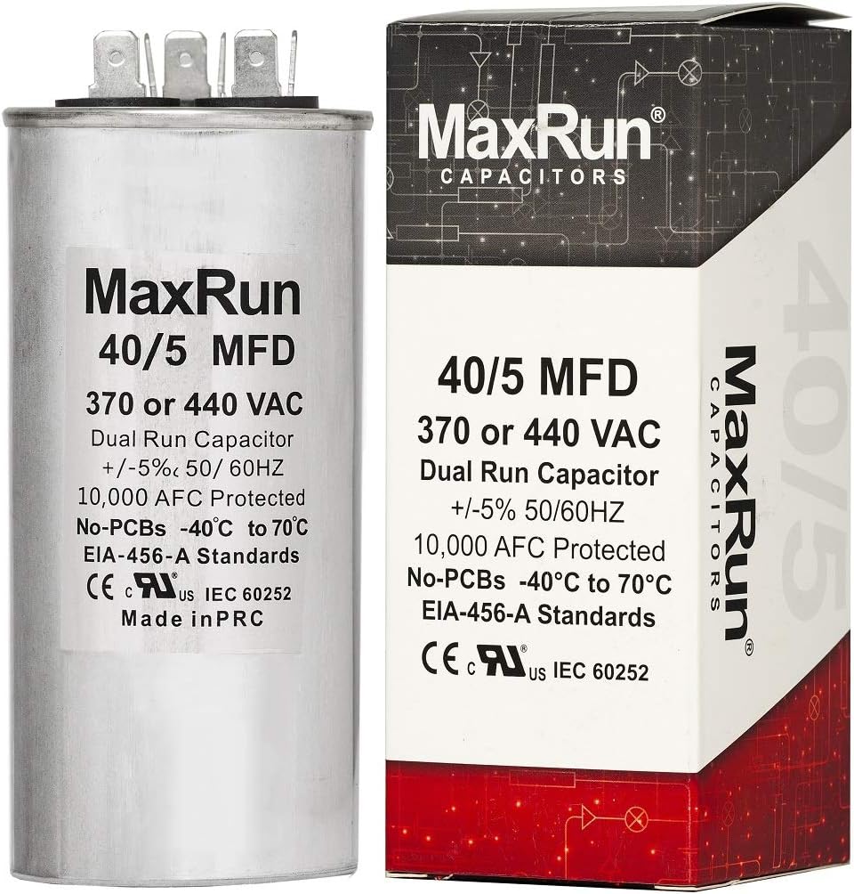 MAXRUN 40+5 MFD uf 370 or 440 Volt VAC Round Motor Dual Run Capacitor for AC Air Conditioner Condenser - 40/5 uf MFD 440V Straight Cool or Heat Pump - Will Run AC Motor and Fan - 1 Year Warranty
