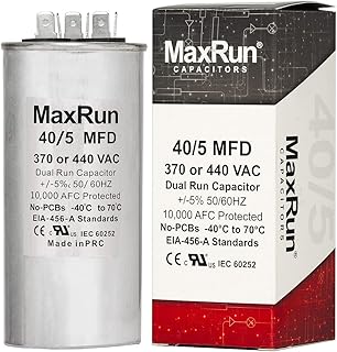 MAXRUN 40+5 MFD uf 370 or 440 Volt VAC Round Motor Dual Run Capacitor for AC Air Conditioner Condenser - 40/5 uf MFD 440V Straight Cool or Heat Pump - Will Run AC Motor and Fan - 5 Year Warranty