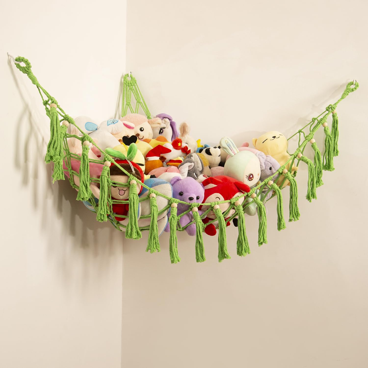 Amaca per animali farciti in peluche a rete giocattolo macramè Boho soggiorno Display Storage verde