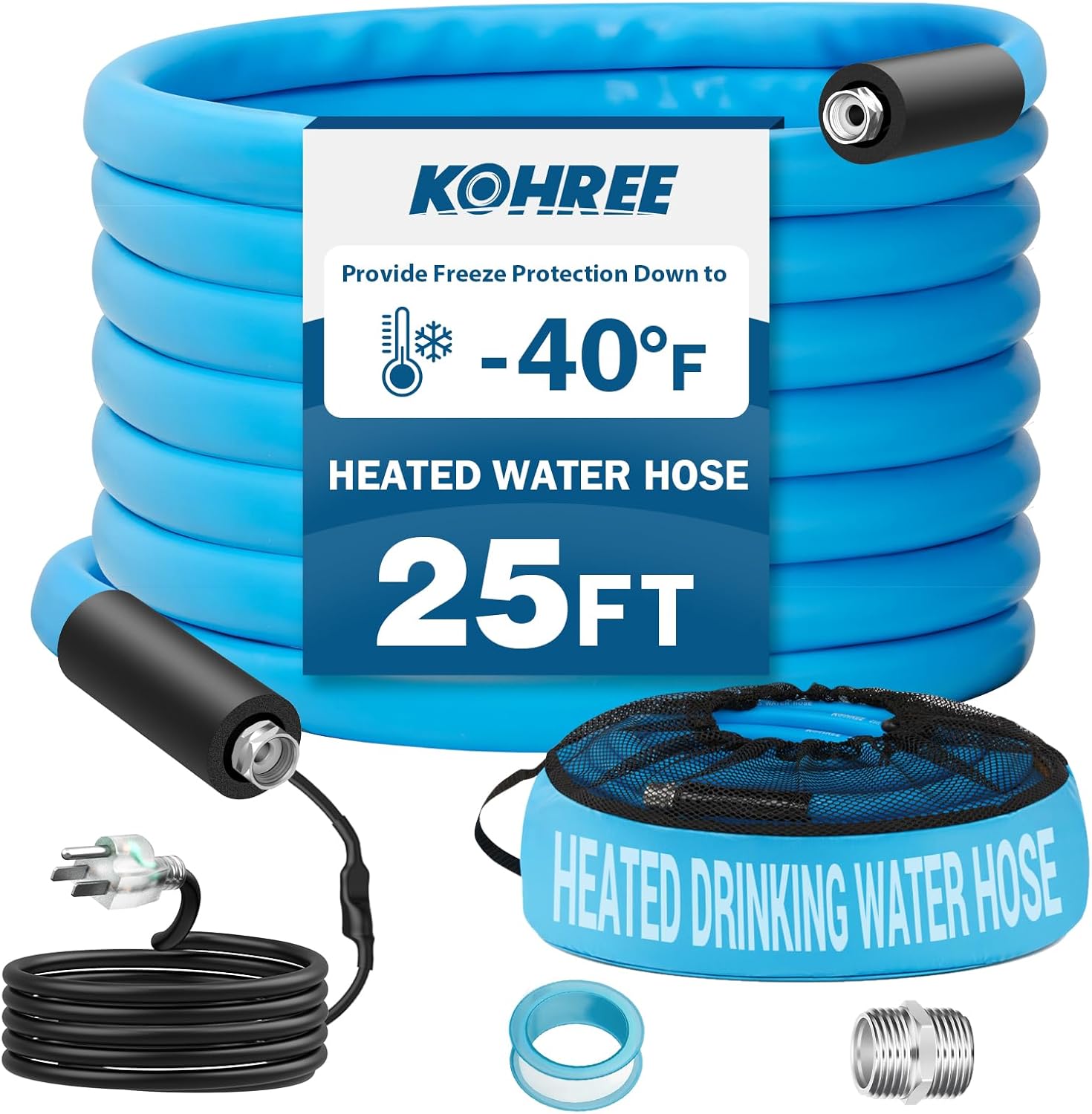 Kohree 25FT Heated Water Hose for RV, -40 ℉ Heated Drinking Water Hose 5/8", Heavy Duty Heated Hose for RV, Camper, Truck, Leak Free, Abrasion-Resistant Cover, Energy Saving Thermostat