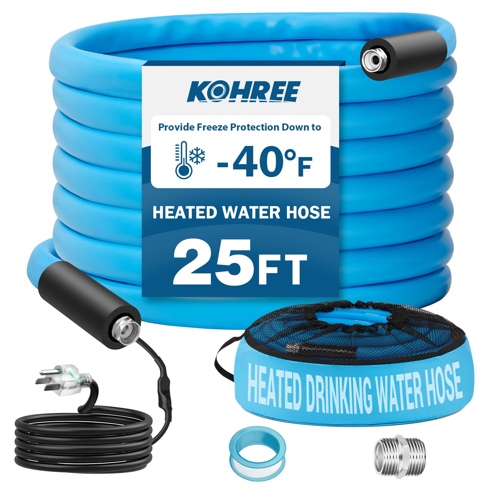 Kohree 25FT Heated Water Hose for RV, -40 ℉ Heated Drinking Water Hose 5/8", Heavy Duty Heated Hose for RV, Camper, Truck, Leak Free, Abrasion-Resistant Cover, Energy Saving Thermostat