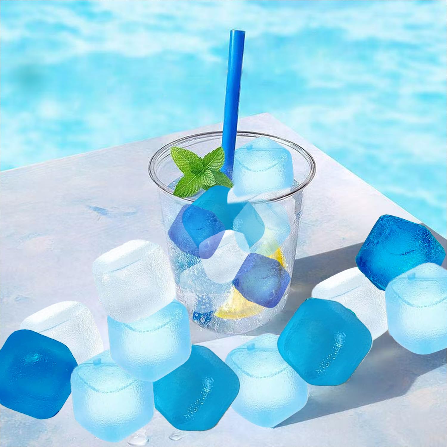 KEELYY Lot de 60 Glaçons Réutilisables en Plastique, sans BPA, pour Refroidir les boissons, Cocktails, Whisky, Vin, Bleu