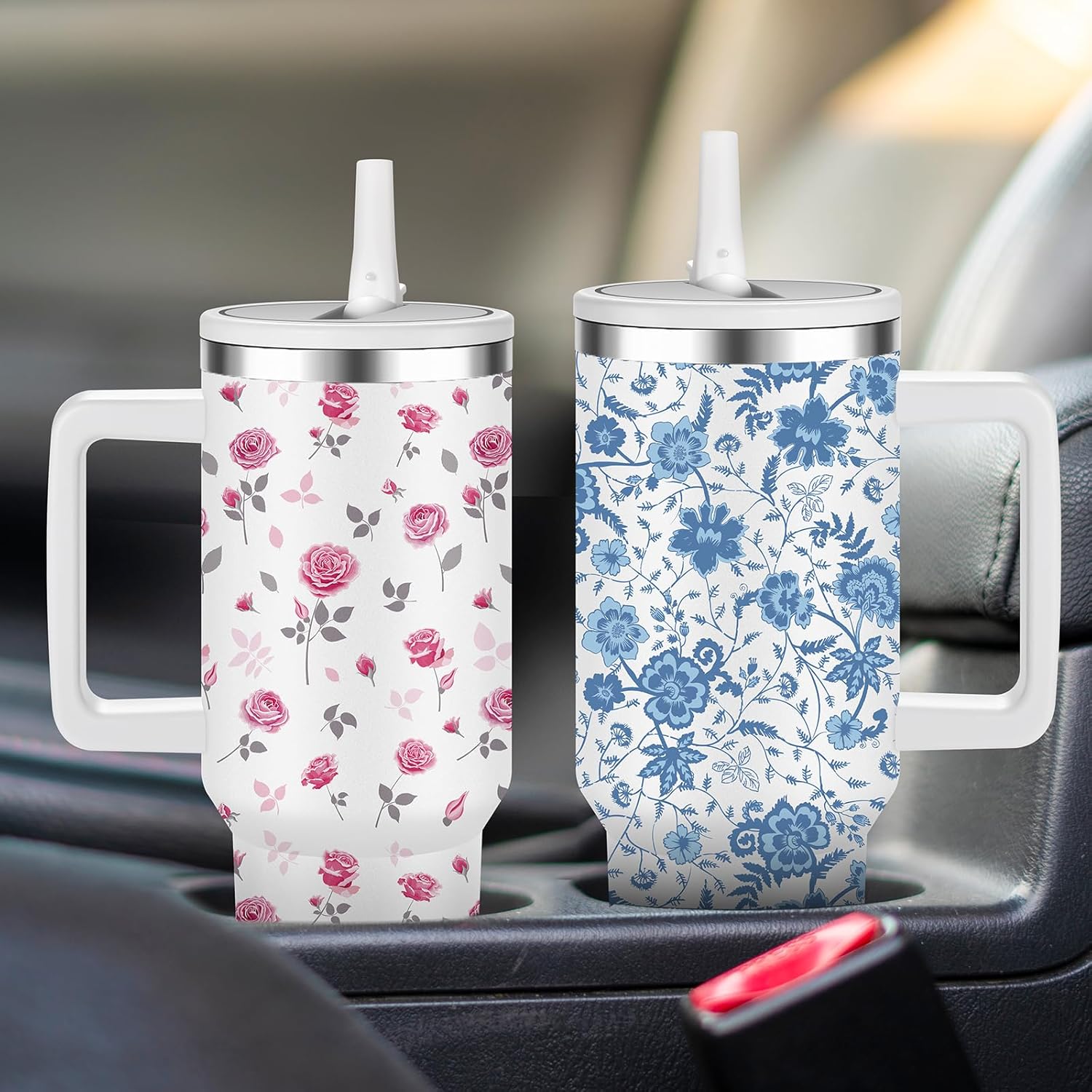 FOLAI 2 Pack 40oz Insulated Tumbler with Handle, Straw & Flip Lid, 100% Leak-Proof Stainless Steel Double Wall Vacuum Cup - 24H Cold & 10H Hot, Cup Holder Friendly Travel Tumbler | Blue & Pink Floral - Image 7
