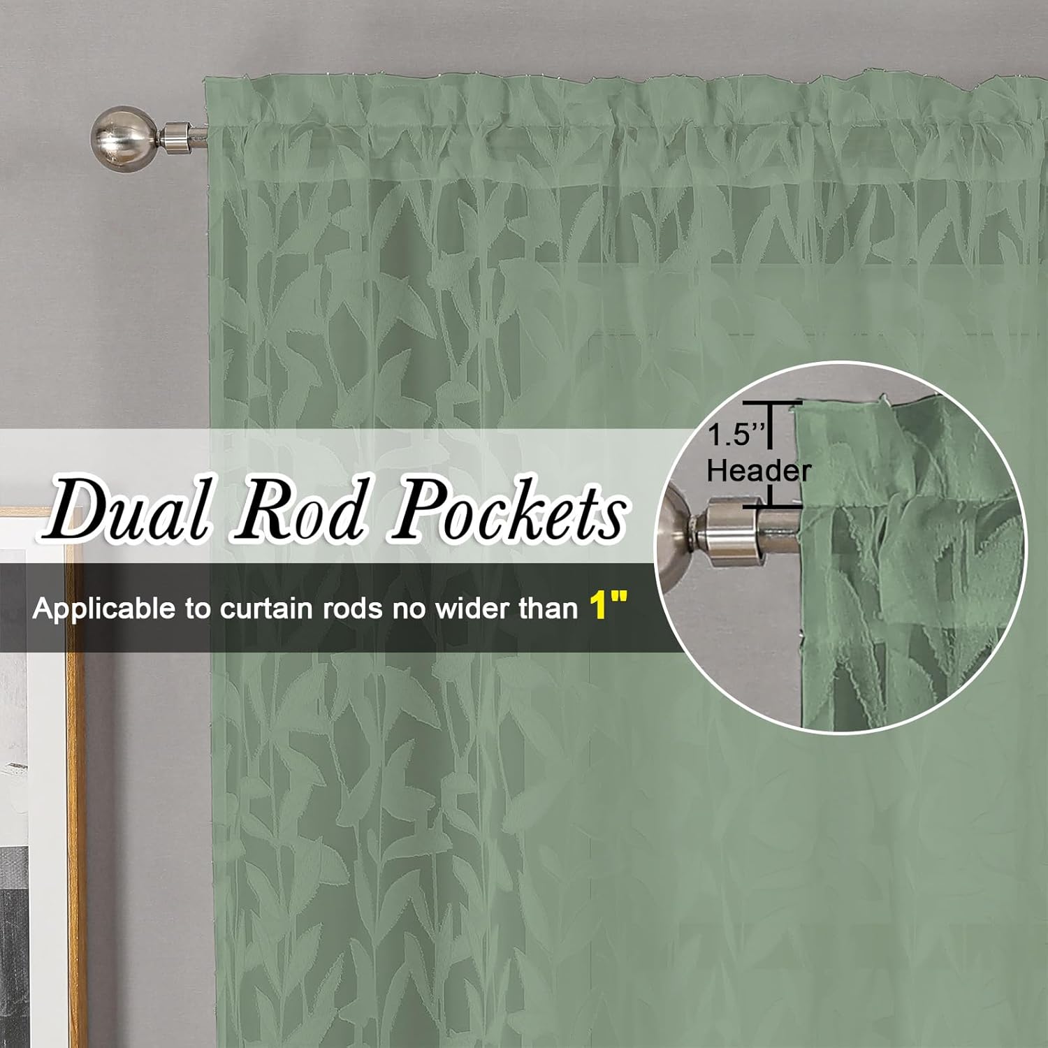 Lecloud Leia 14 Inch Sage Valance for Window Green Sheer Curtains 2 PCS, Jacquard Texture Leaves Semi Voile Living Room Curtain for Small Window, Dual Rod Pockets Bedroom Kitchen Valance, 38W x 14L - Image 2