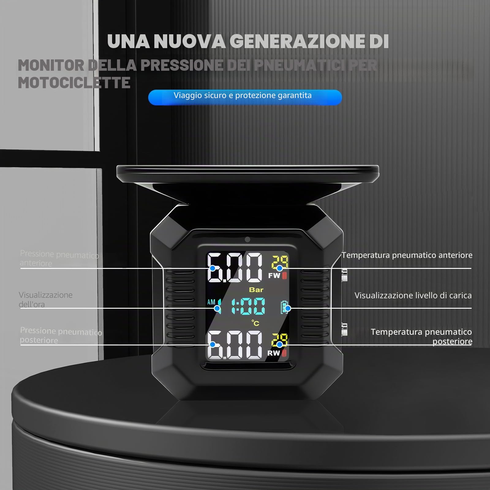 KAOLALI Sistema di Controllo della Pressione dei Pneumatici Moto TPMS Wireless Moto Ricarica Solare/USB TPMS per Moto con Display LCD 2 sensori Esterni Impermeabili