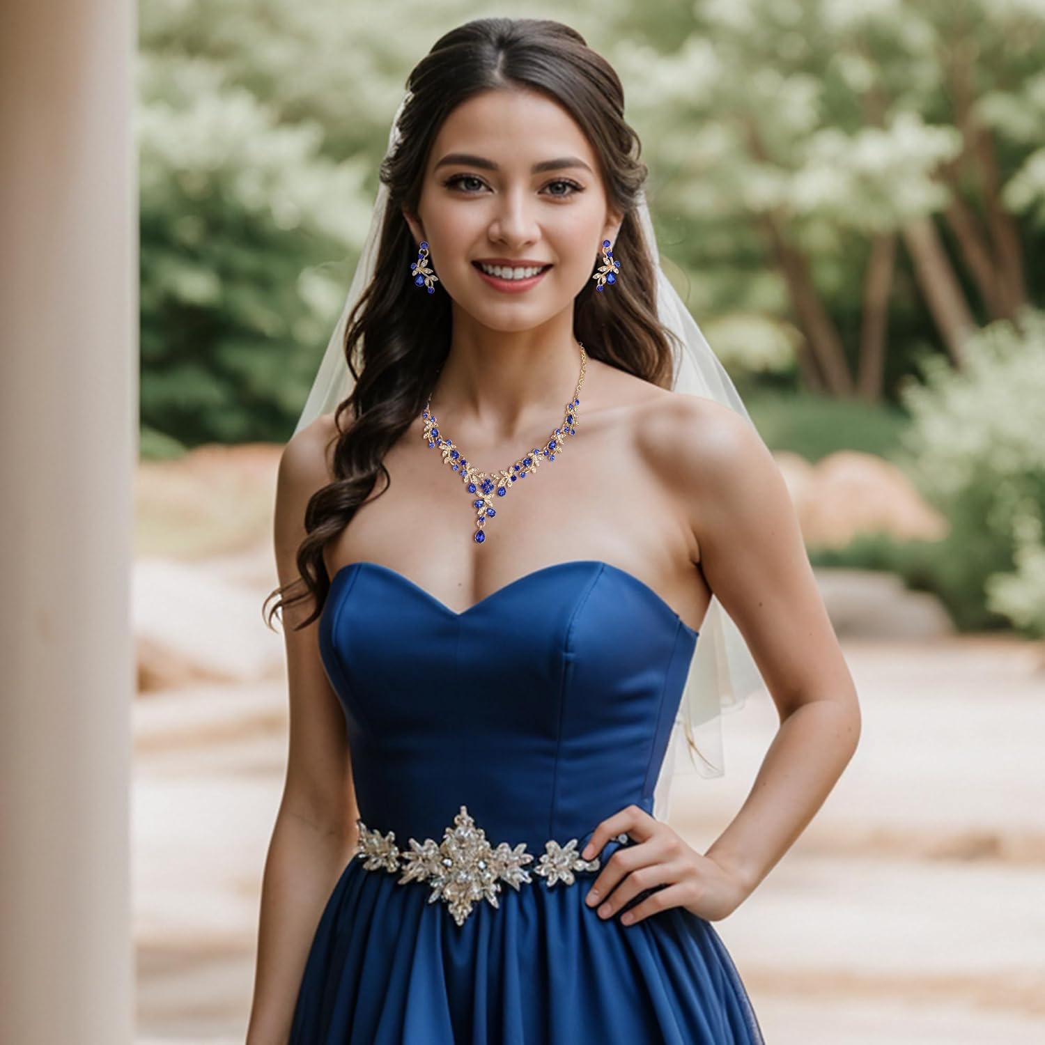 BriLove Wedding Jewelry Set for Women Bride, Y-Necklace Dangle Earrings Crystal Teardrop Leaf Flower Cluster Bridal Bridesmaid - Image 4