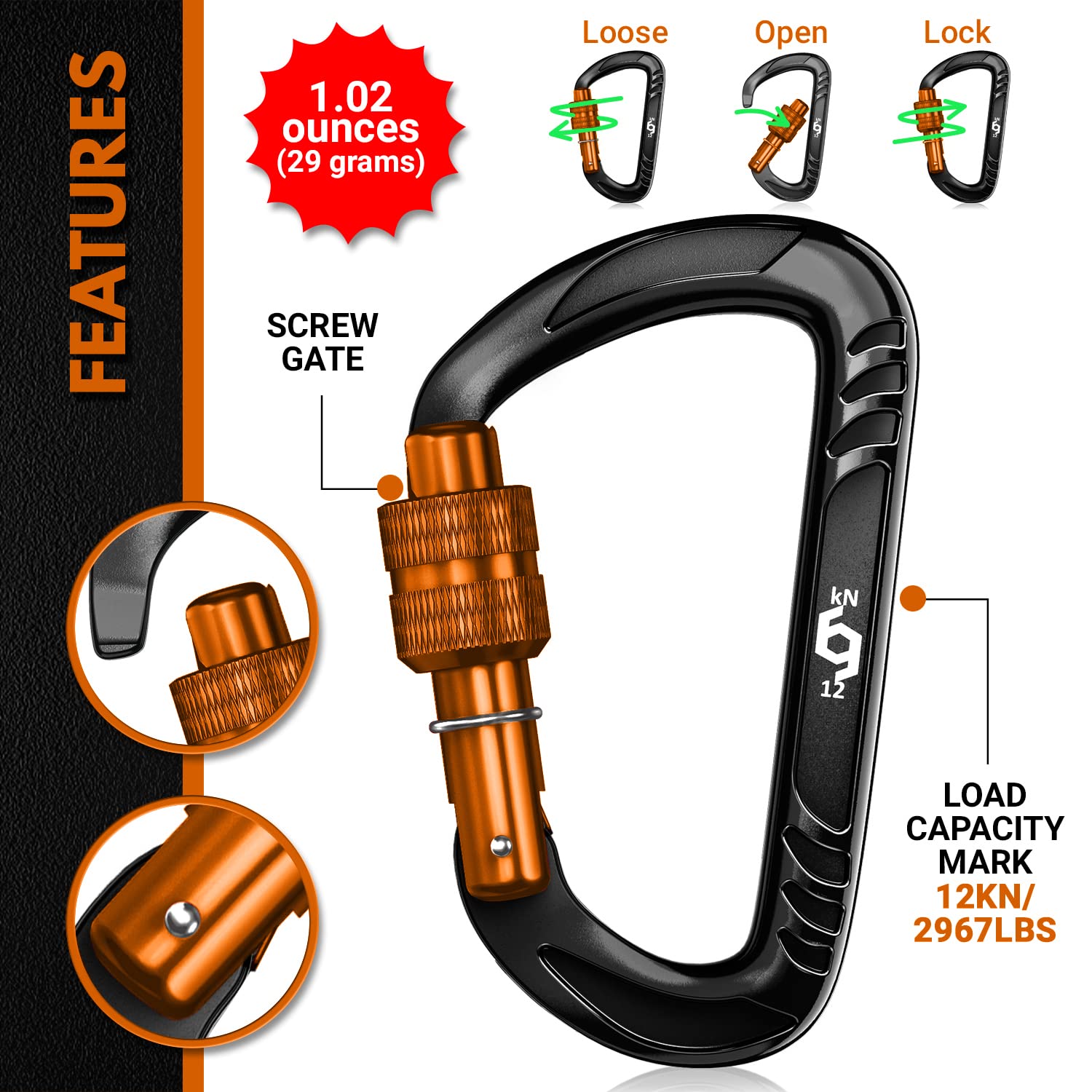 Rhino Produxs 12kN Heavy Duty Lightweight Carabiner Clips with keyrings, Excellent for Securing Pets Outdoor, Camping, Hiking - Image 3