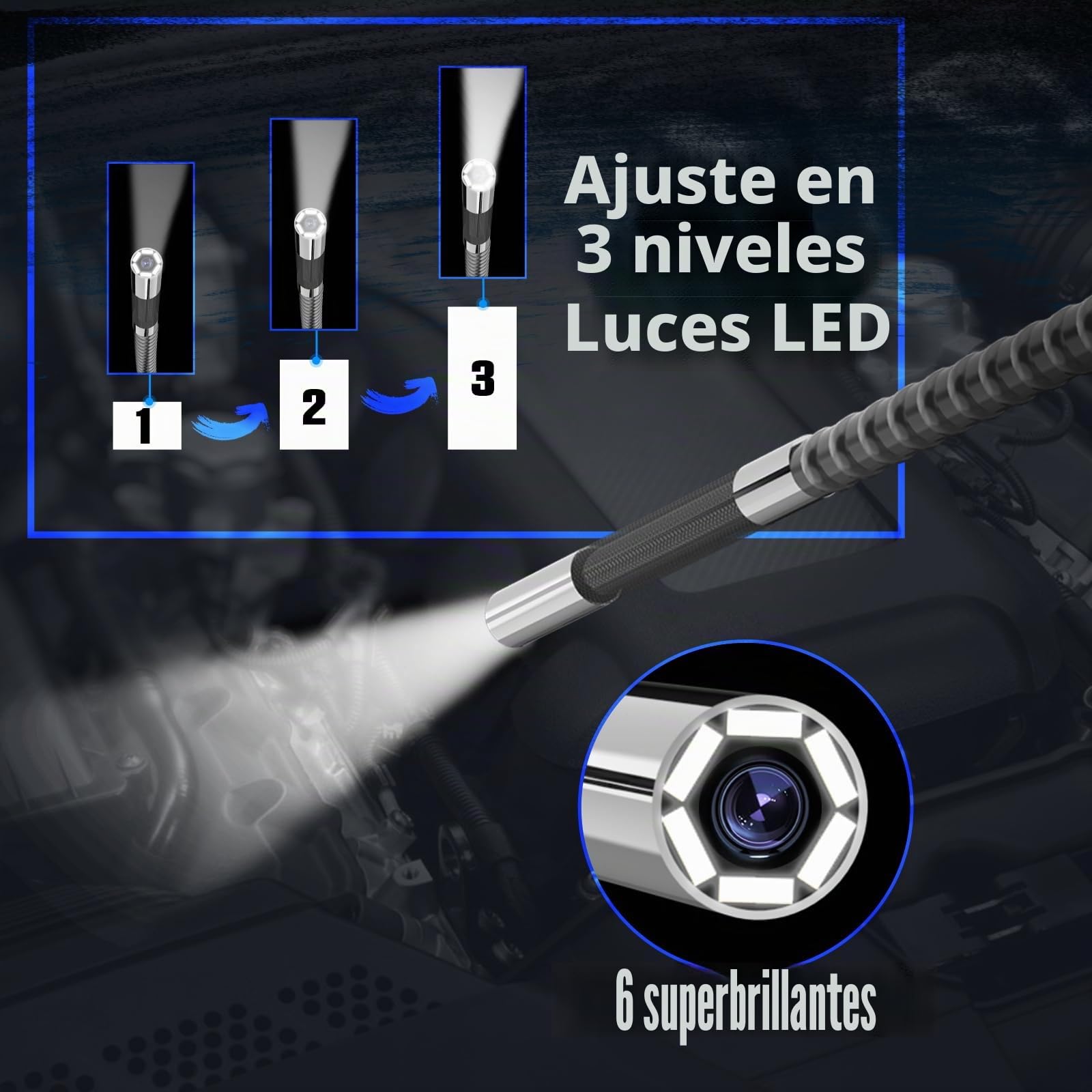 AUTOOL Cámara endoscópica bidireccional 210°, cámara de inspección de boroscopio 0.2 pulgadas, boroscopio articulado 5 pulgadas 1080P LED, cable flexible 3 pies, tarjeta SD