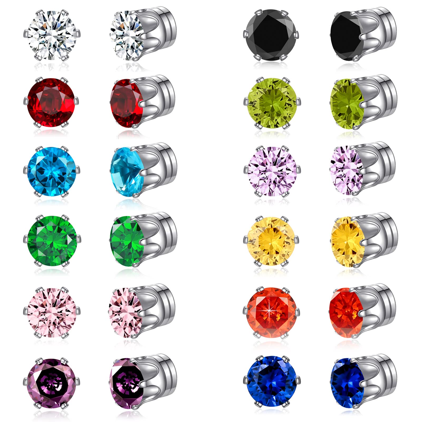 12 Pairs Colors Cubic Zirconia Magnetic Earrings Clip on Non Piercing Earrings Set Unisex (Six Prong Cytal)