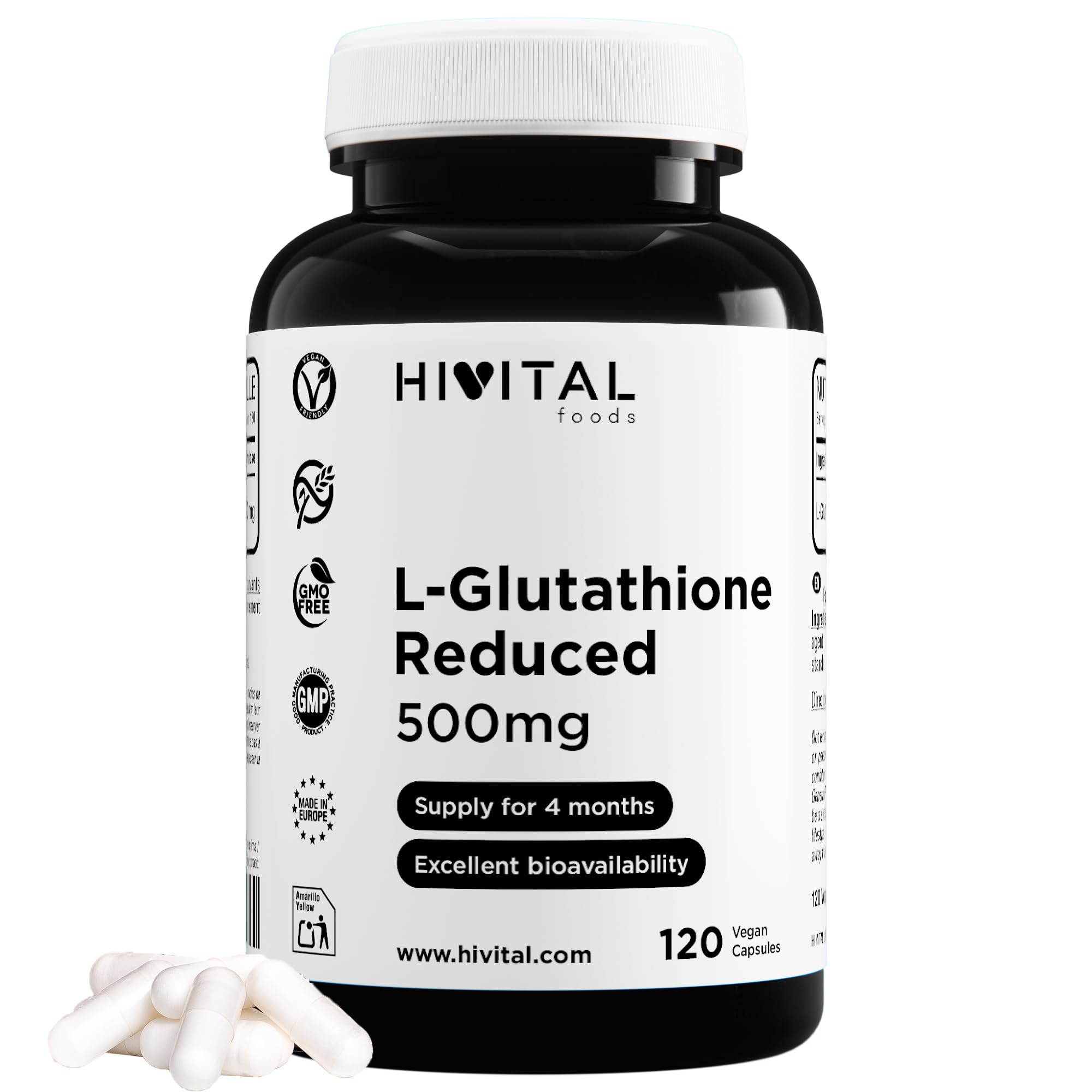 glutathione italia Glutatione 500 mg Ridotto al 98%. 120 capsule vegane per 4 mesi di  trattamento. Realizzato con la molecola di Glutatione che ha il miglior  assorbimento. Prodotto in Europa da HIVITAL : Amazon.it: