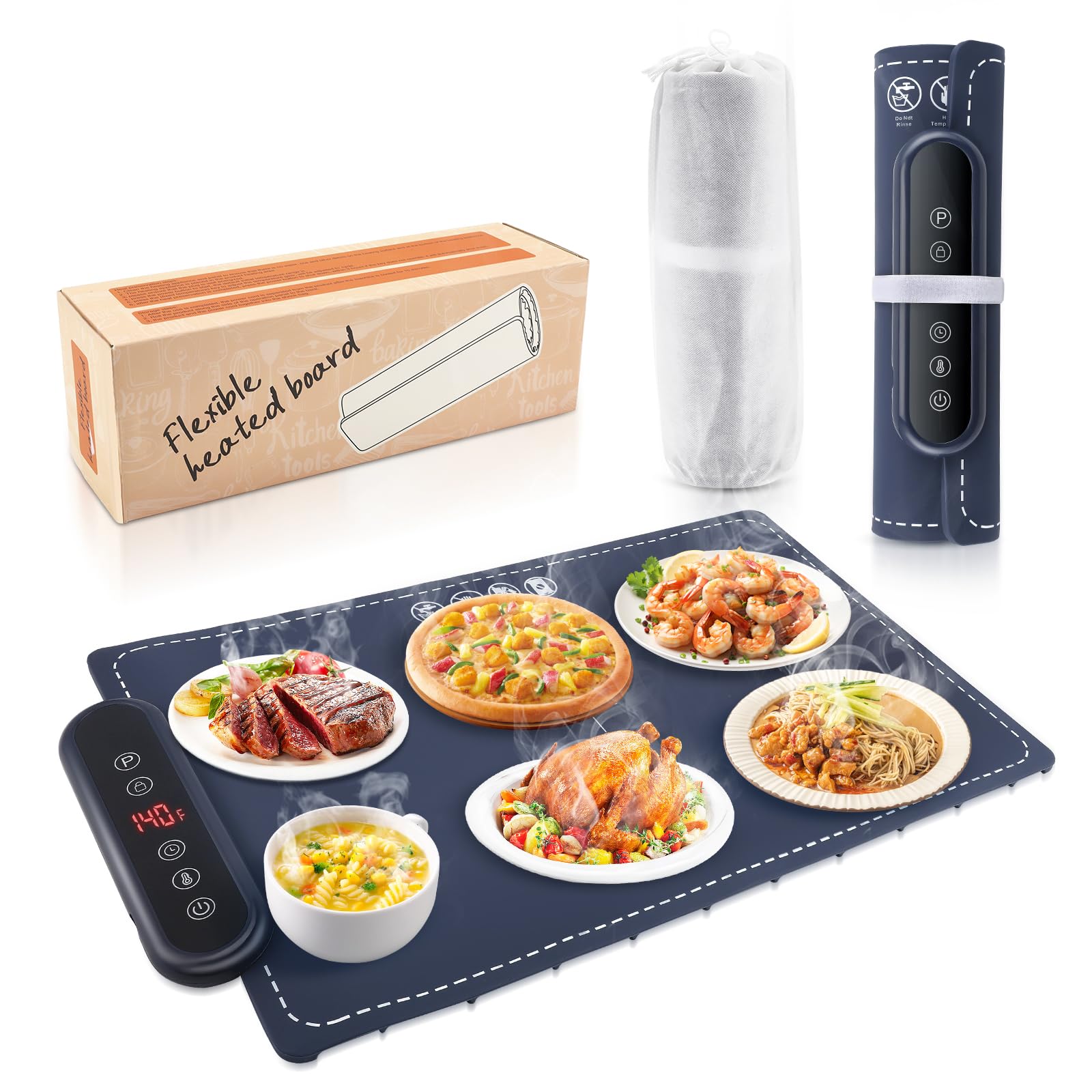 Chauffe Plat Électrique avec 6 Temp（50-100 °C), Laque Chauffante électrique Portable pliable en Silicone Affichage ℃/℉ Facile à Nettoyer pour Buffet, fête, Décongélation, Réceptions Garder au ChaudZ