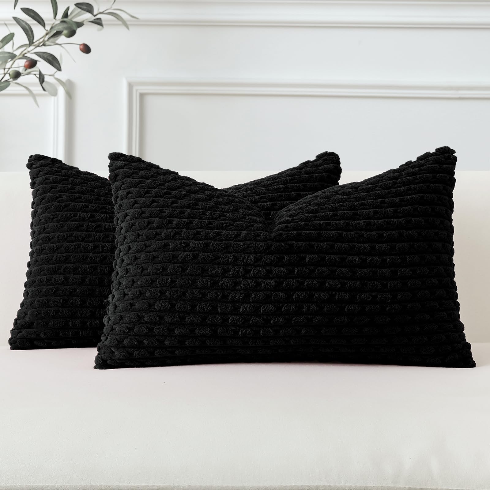 Sungeek Set of 2 Black Soft Corduroy Decorative Cushion Covers Boho Striped Throw Pillow Covers for Sofa Couch Living Room Patio Farmhouse Home Decor Pillowcases 30x50cm