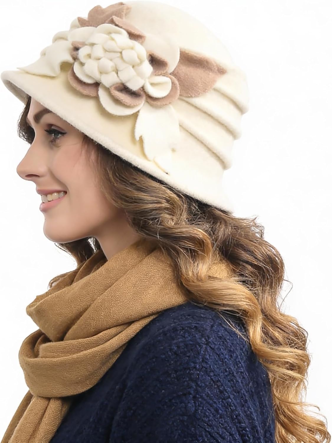 Vintage Women Floral Wool Dress Cloche Winter Hat 1920s - Image 2