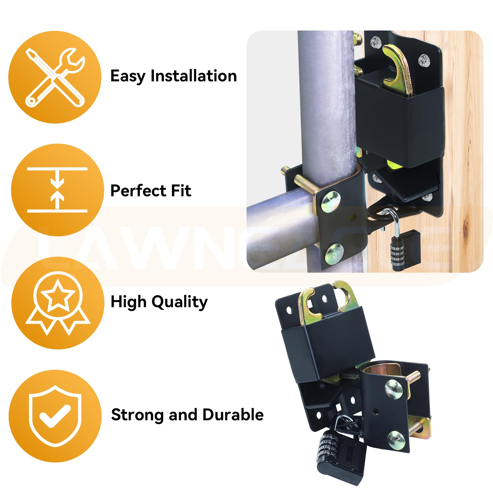 S16100700 - Pestillo de puerta de dos vías con cerradura para puertas de metal con tubos de 1-1/4 pulgadas a 1-1/2 pulgadas de diámetro con cerradura de combinación negra de 4 dígitos, fácil