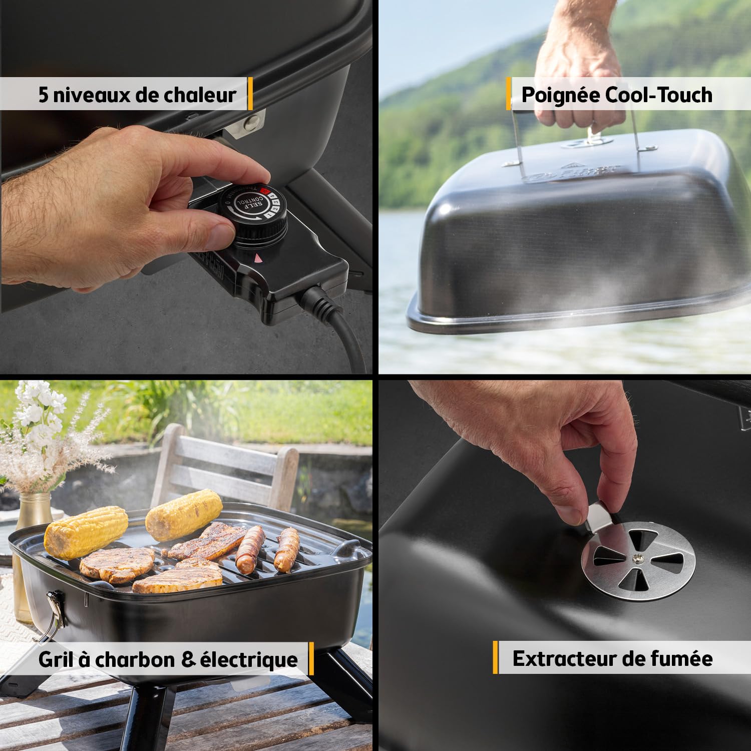 TZS 2in1 gril électrique gril sphérique - gril électrique hybride BBQ extrêmement stable & compact pour balcon - gril de table 2000 watts électrique ou au charbon de bois -montage & nettoyage faciles