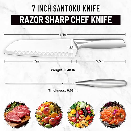 Miniatura 6 de Santoku - Cuchillo de chef de 7 pulgadas con acero alemán afilado de alto carbono, mango ergonómico antideslizante para cortar, cortar carne y