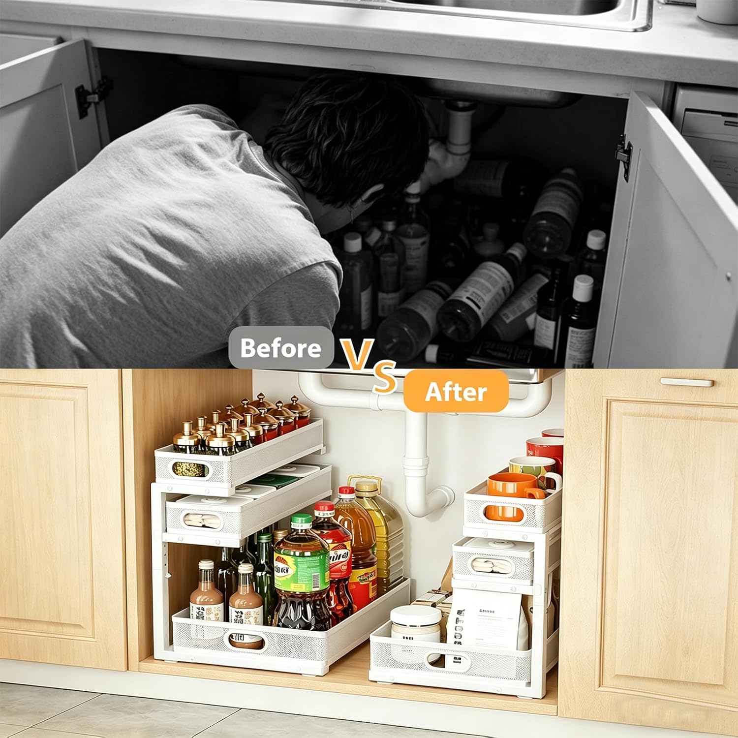 2 Pack Under Sink Organizer, 3-Tier Pull Out Kitchen Cabinet Organizer, Height Adjustable Metal Slide Out Bathroom Storage Makeup Drawer Rack for Bedroom Office Laundry Pantry Home Organization, White