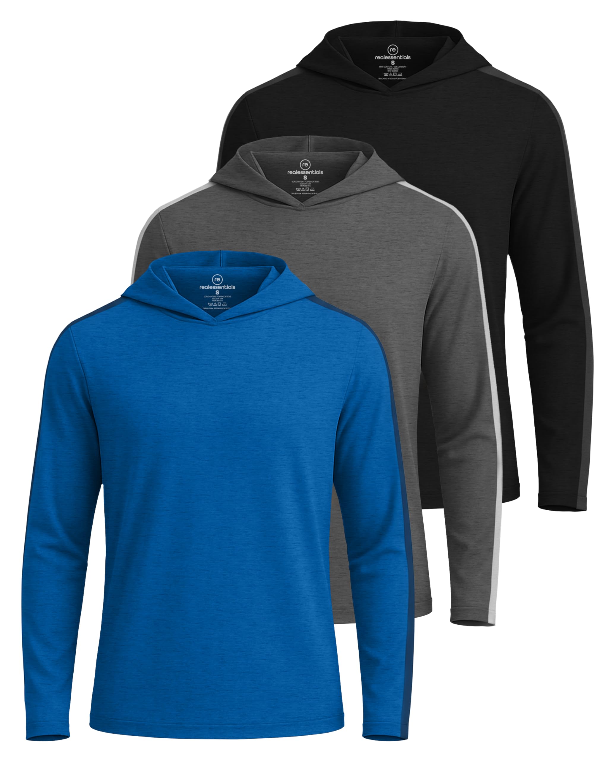 Real Essentials 3 Pack: Men's Dry Fit Wicking Long Sleeve Fishing Active Hoodie Pullover Sweatshirt (Big & Tall)